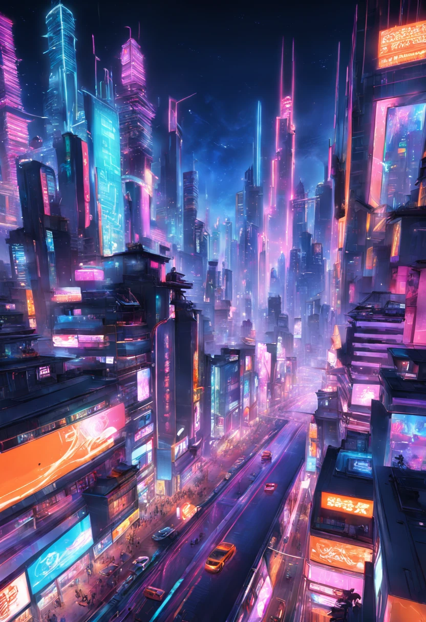 "「Cybecity」Create a vivid depiction of,'Futuristic cityscape defined by neon-lit skyscrapers, Holographic Billboard, And busy streets. Imagine a city where technology and vibrant colors merge to form a dazzling visual spectacle. Capture the essence of a bustling metropolis thriving with innovation, Its streets come alive with the grunt of cars, Neon glow, And the energy of progress."