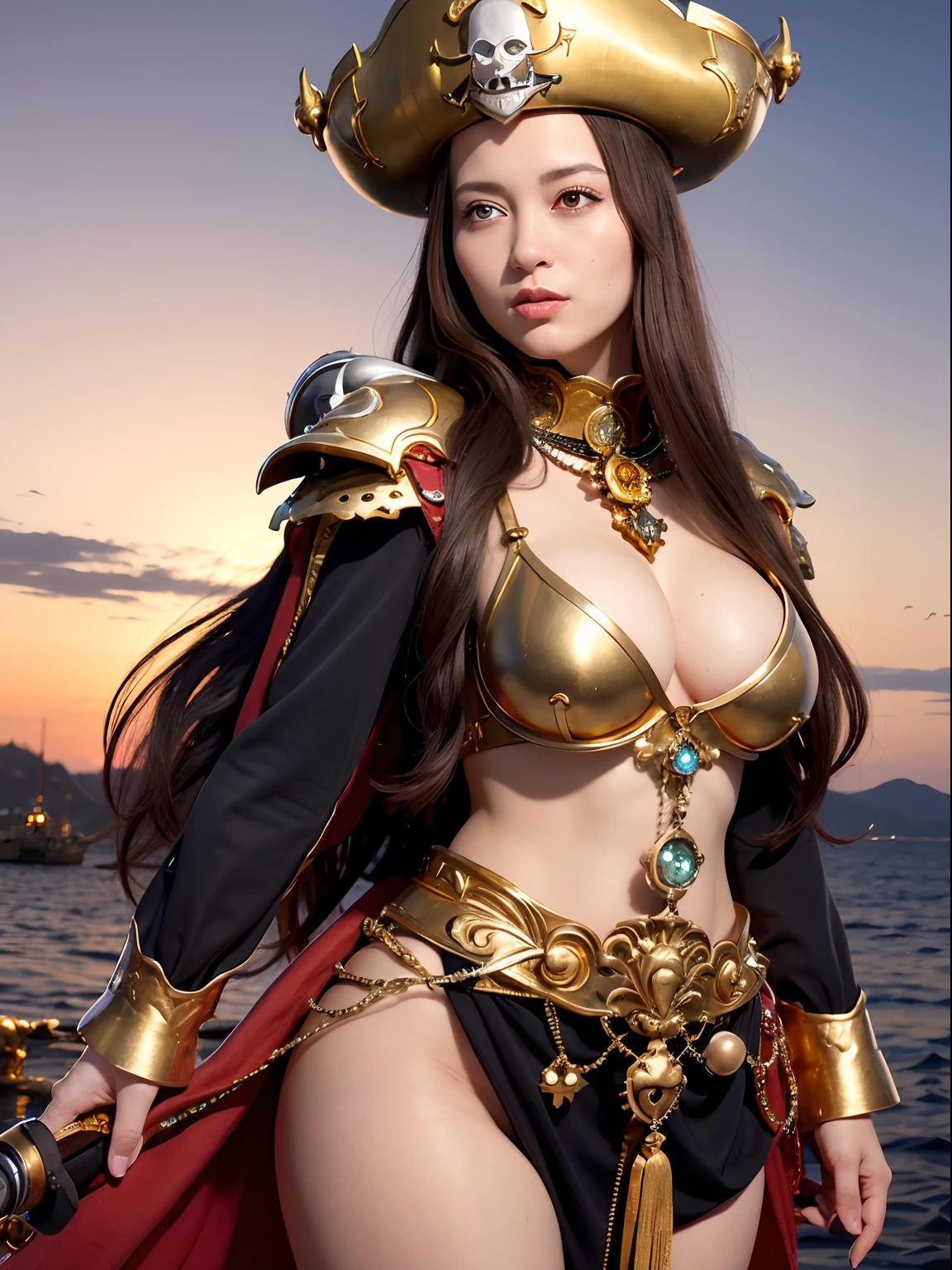(masutepiece), Professional , ​masterpiece、top-quality、photos realistic ,  （Gemstone Silver Metal Body:1.９),(Matte White、（Put on a pirate hat）、Jewel Gold Weapon（Jewel Metal Body:1.４),Gorgeous metal weapons , Detailed Sword of the Brave , Beautiful knife   ,warhammer 40k , The port town、adepta sororitas,Detail and ornate jewel crown、Black hair、Gangle's forest background、Beautiful Caucasian beauty、１a person、dynamic ungle,(((Detailed and ornate diamond crown)))、Smaller head、A smile、Take a pose、Background inside the castle、Thin and beautiful female hands、cleavage of the breast、Soldier in iron armor on background、Man soldier in iron armor on background、Sea view、Pirate Ship、Woman or stand in the center、Lots of pirate ships、Luminescent particles,light scattering,Tindall Effect