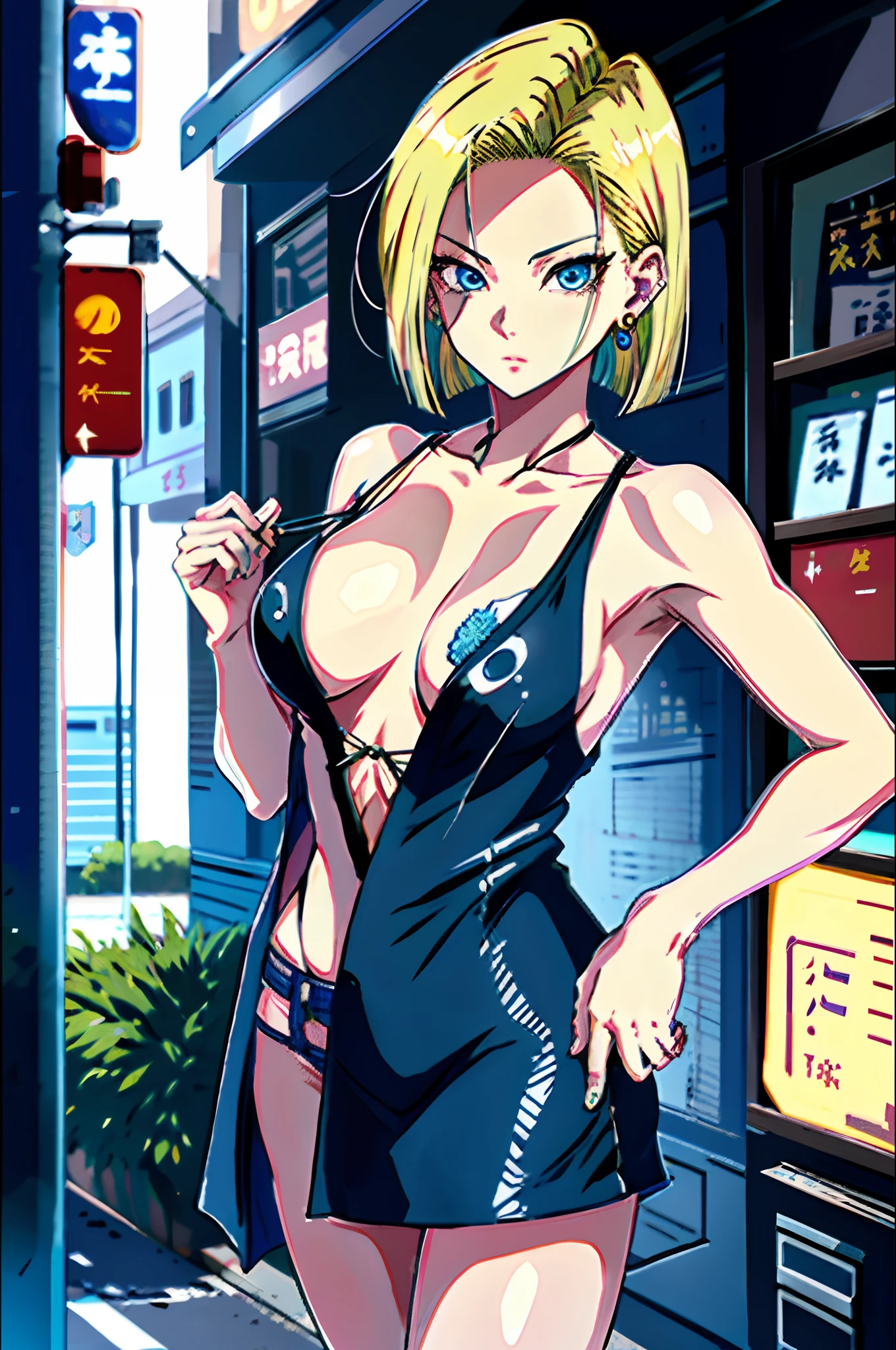 best qualtiy, A high resolution, and 18, 1girll, Android 18, 独奏, blond hairbl, eBlue eyes, short detailed hair, 耳Nipple Ring, jewely, Large breasts, cowboy lens, the street, shift dresses