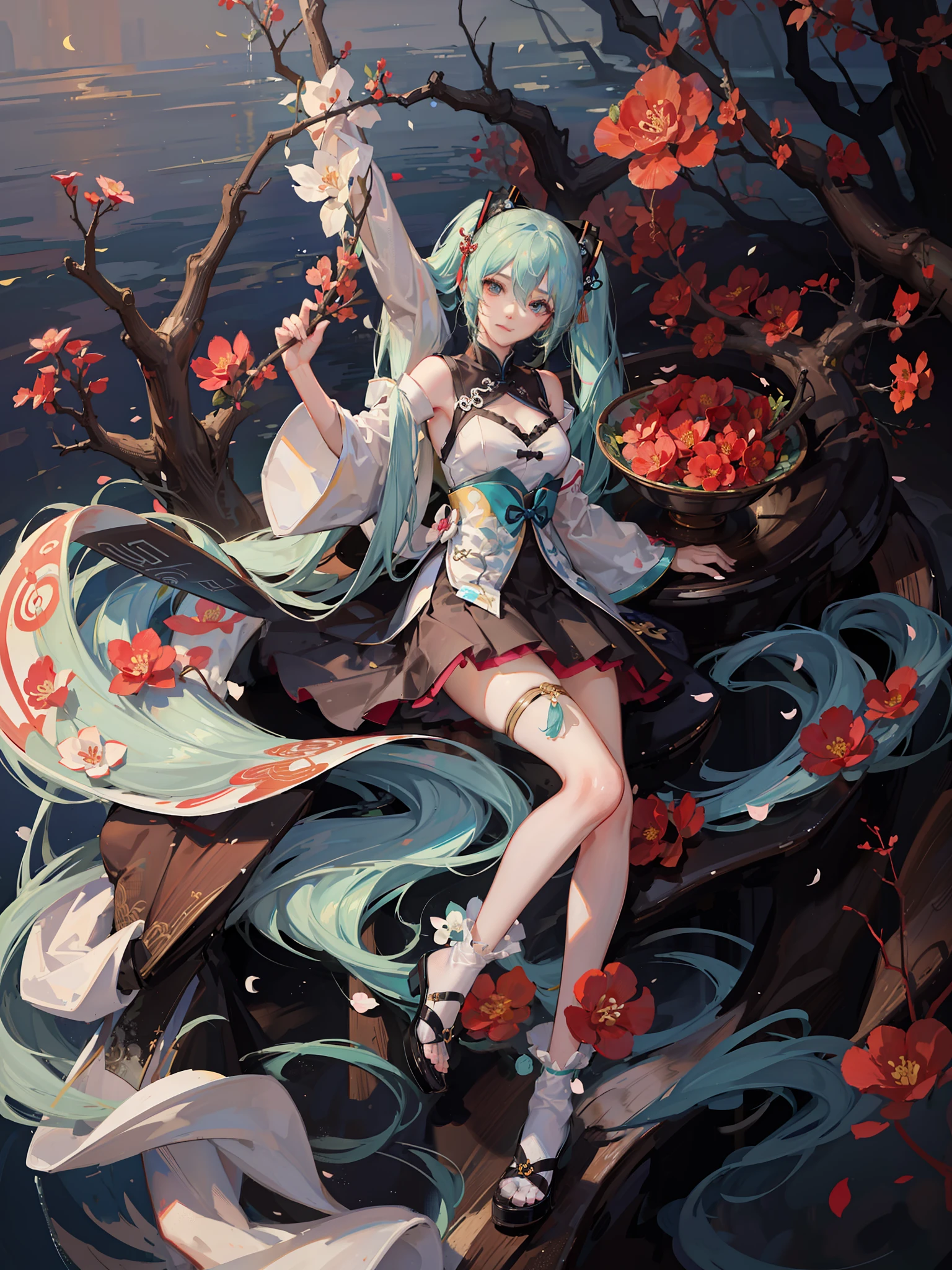 8k,Highest image quality,Big breasts Hatsune Miku,The color combination with a hint of chill is very close to the temperament of the original painting。The Hatsune hair on the plum blossom tree ripples like water waves,Very impressive,This artistic conception is somewhat similar to the "Aoxue Hanmei" in Chinese painting,It can be said that the painter combines Chinese rhyme with two-dimensional themes,Hatsune's turquoise hair is cold and has a bit of elegance,It echoes the snowy scenery on the base。A Chinese white dress embellished with a dark red bow ribbon,The details of the costume fit perfectly with the style of the whole picture,The placket stand collar with Chinese elements is delicate and beautiful,The gray-green plain clothes under the white coat are very attractive。