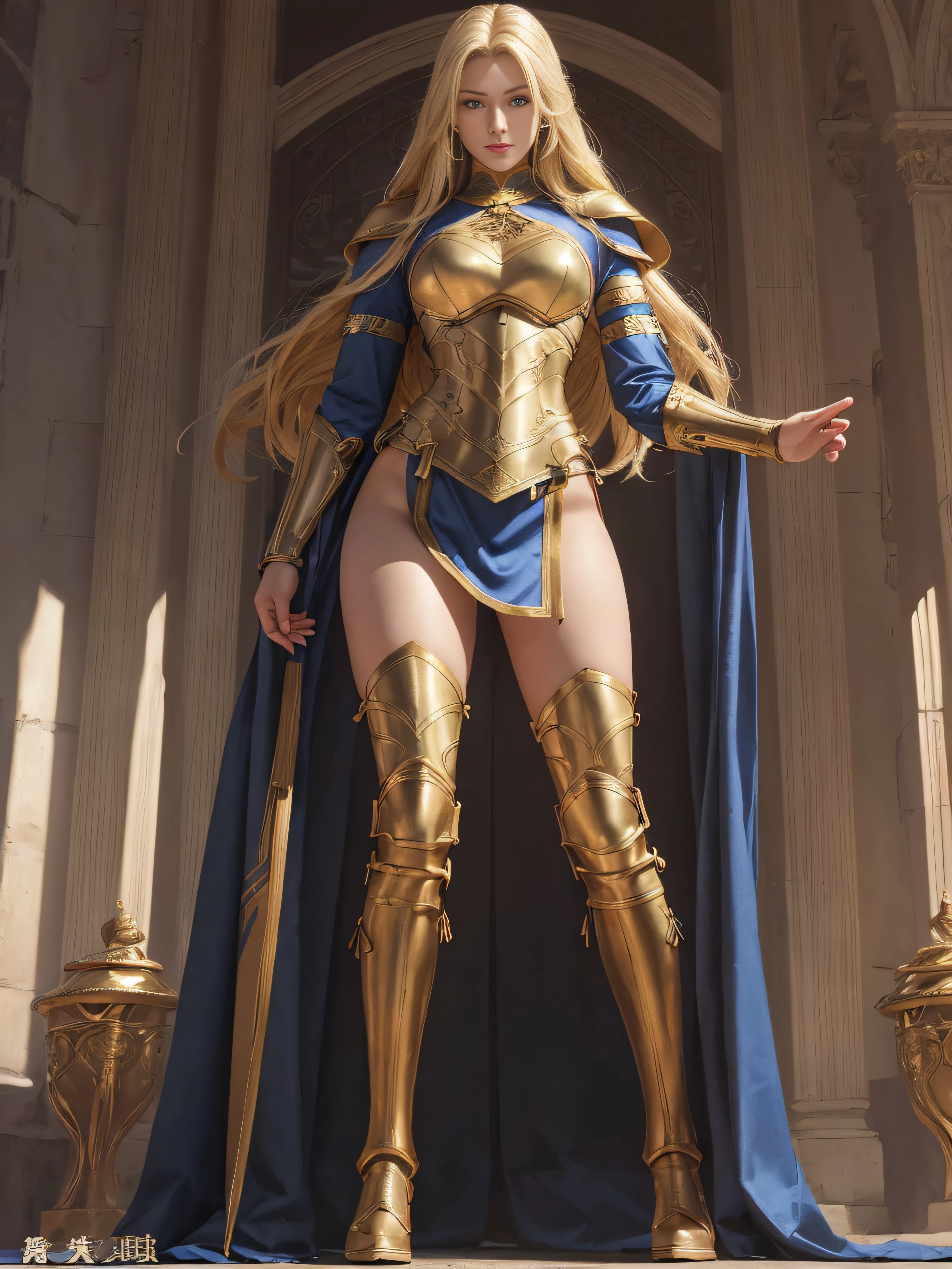 tmasterpiece,High-definition CG diagram,Beautiful female warrior,Detailed eyes and face,Tall figure,The blonde,Full armor attire,Over-the-knee boots,Brilliant armor colors,Exquisite decoration,General temperament,Tall figure,Wide buttock,Thick thighs,A majestic sight,Stand in war。