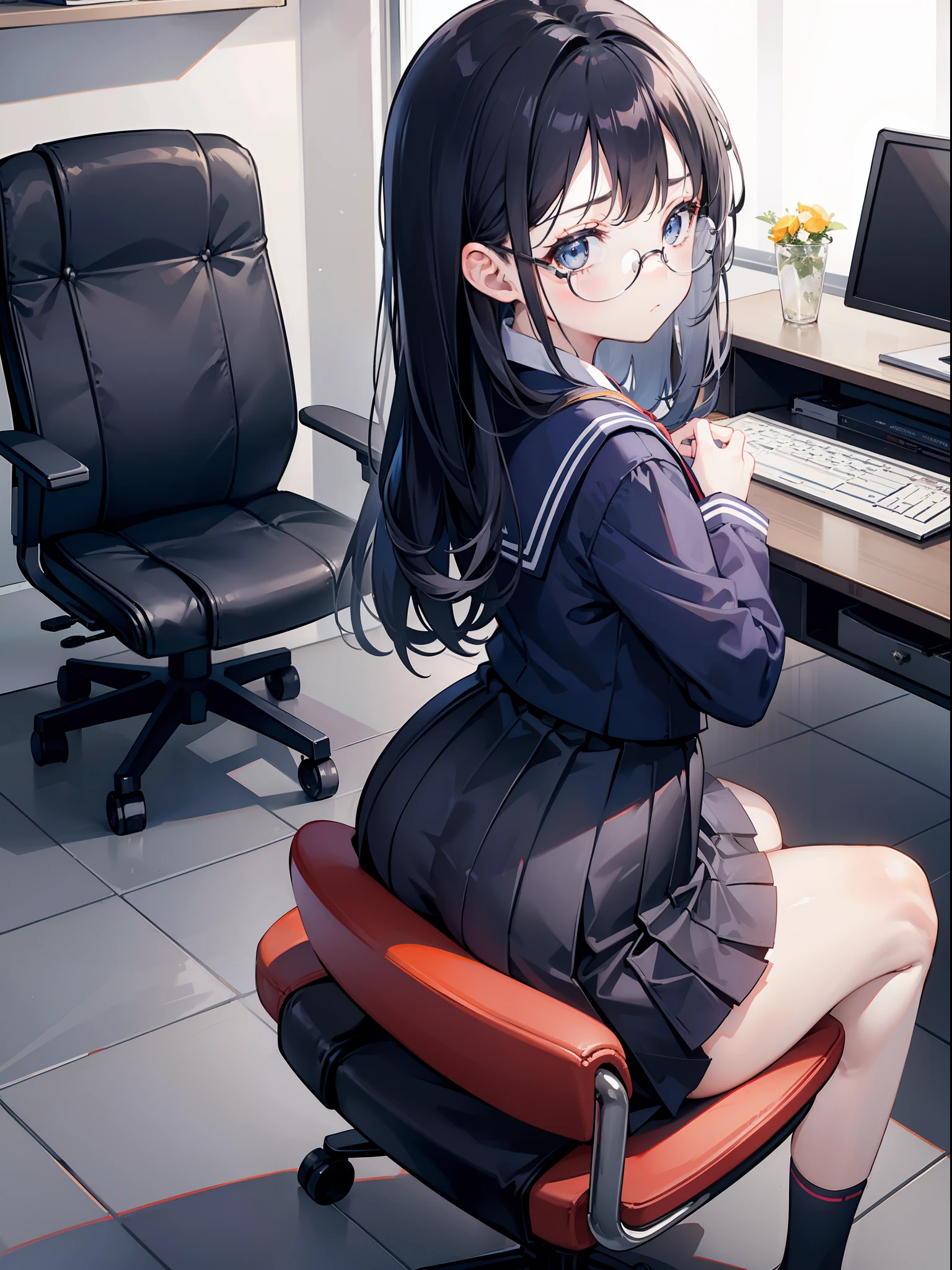 1girl, Back view, skirt, sit on chair, small chair, navy hair, long curvy hair, big round glasses, pretty, no expression, flat expression, limp face, school chair, ass form, low angle, perspective