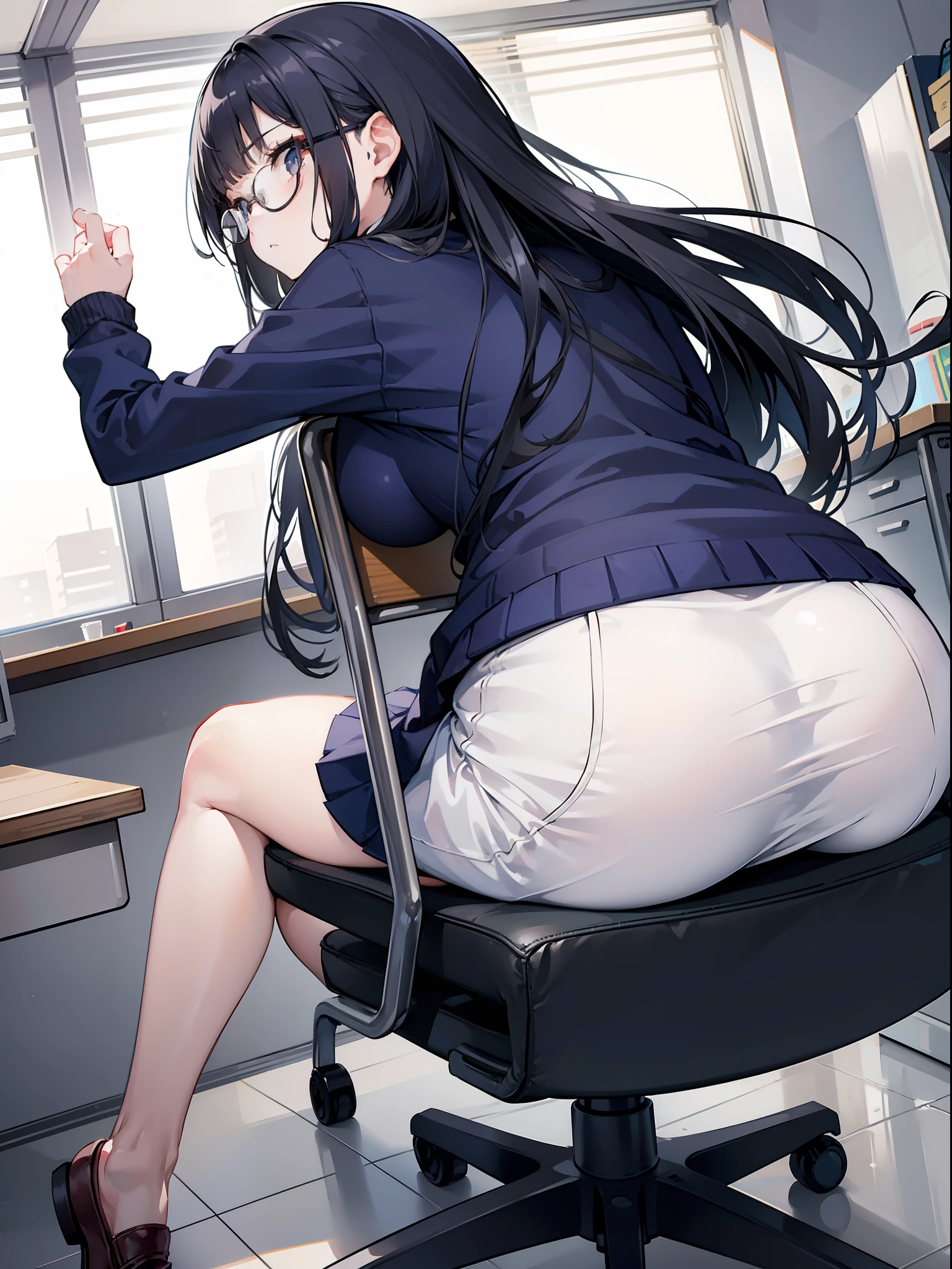 1girl, Back view, skirt, sit on chair, small chair, navy hair, long curvy hair, big round glasses, pretty, no expression, flat expression, limp face, school chair, ass form, low angle, perspective