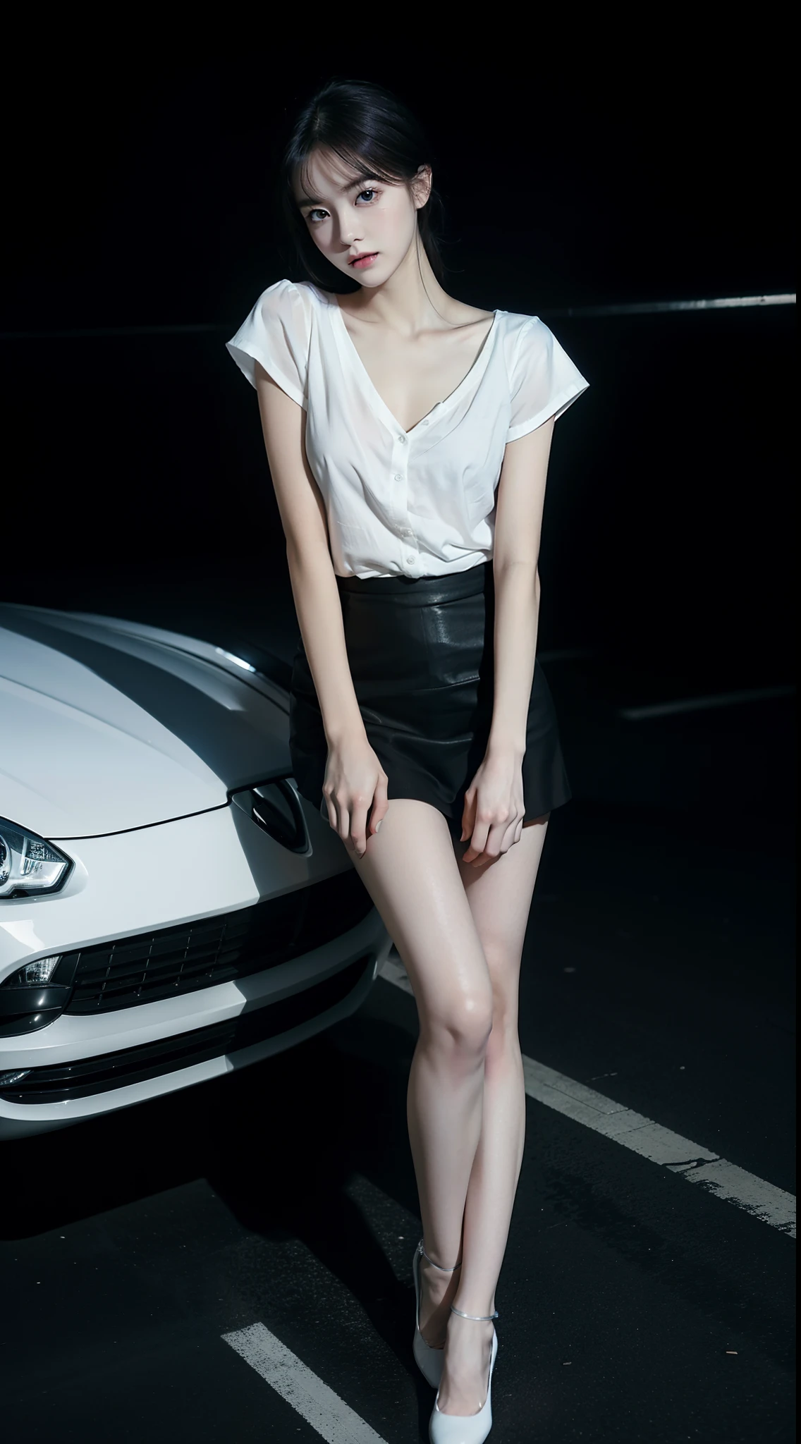 top Quority,Ultra-clear resolution,Clear eyes,plain face,s the perfect face,White skin,Perfect chest,with perfect legs,Long legs,Short black style skirt,Random environment