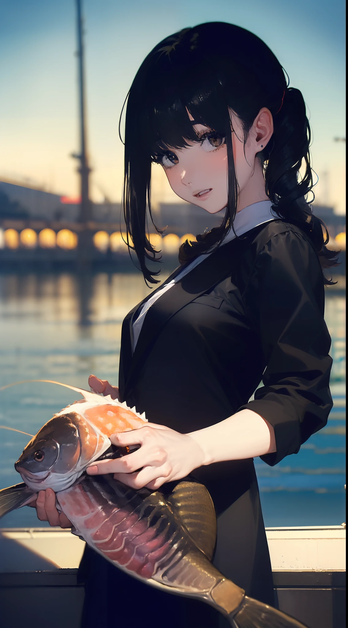 ((((Catch a big black bass by the lake:1.5)))),((1 female 28 years old))((Best Quality:1.5)),(((Hands with the correct number and structure of fingers:1.4))),((Large fish:1.37)),hight resolution,ultra-detailliert,​masterpiece,best qualtiy,poneyTail,Black hair, long eyeslashes, Solid Circle Eyes, drop shadow, Atmospheric perspective,Super Detail, ccurate, small brest,(Black jacket :1.1),top-quality, blurry backround, bokeh dof:1.2, (​masterpiece:1.3),  Atmospheric perspective,Super Detail,dynamic compositions,top-quality、​masterpiece、Very beautiful CG、finely detail、​masterpiece