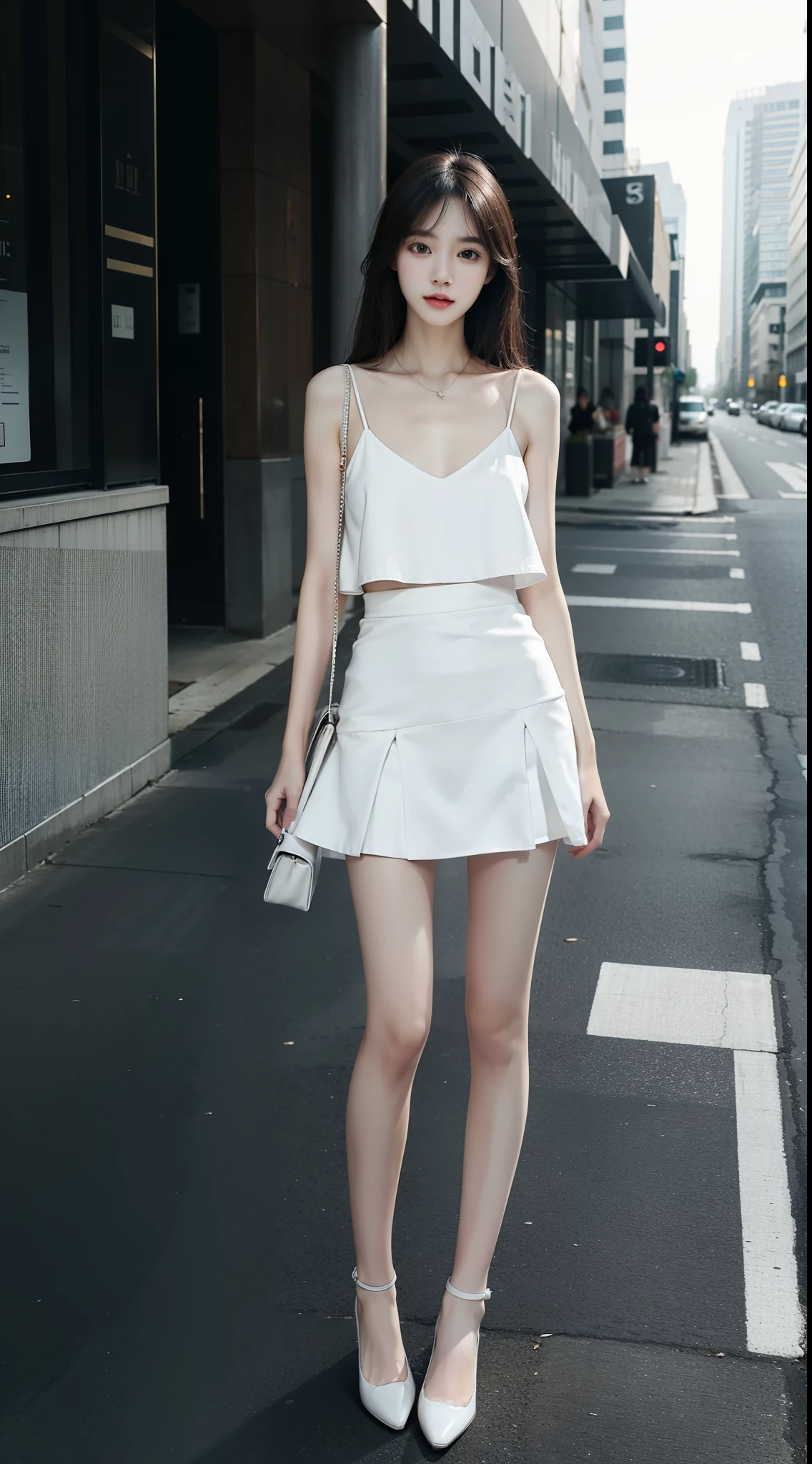 top Quority，Ultra-clear resolution，Clear  eyes，plain face，s the perfect face，White skin，Perfect chest，with perfect legs，Long legs，Short black style skirt，Random environment