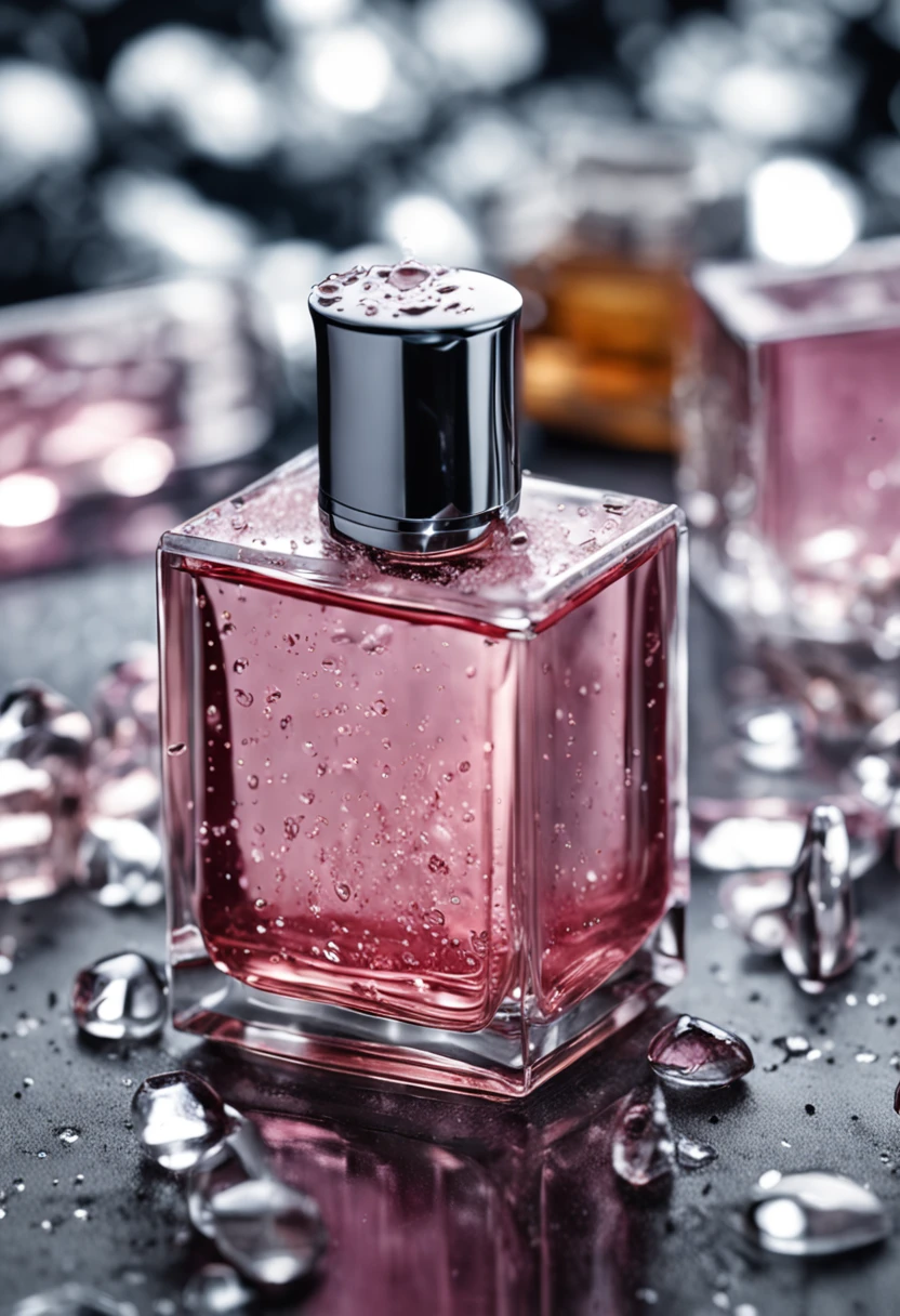 a product photography of a perfume , on a black desk, drops of water, transmit American feeling, dripping water, diffused lighting, surrounded by white rose blade, product photography