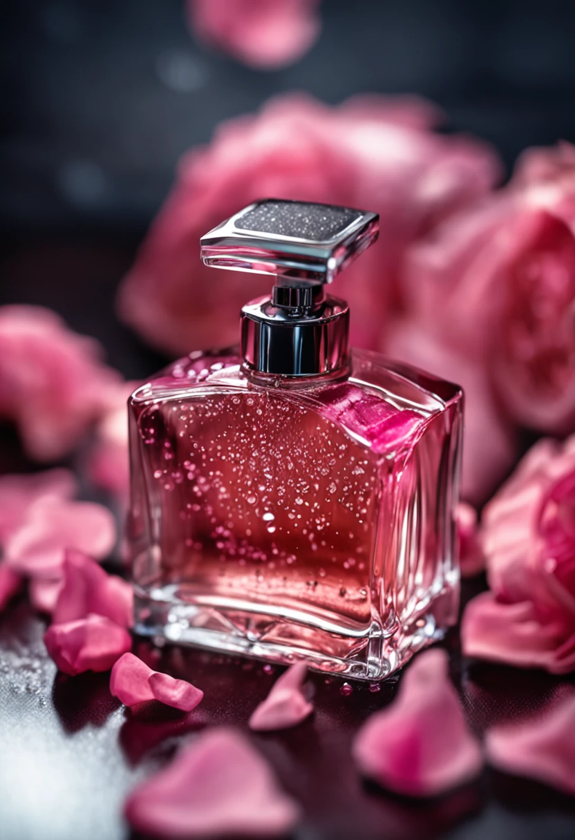 a product photography of a perfume , on a black desk, drops of water, transmit American feeling, dripping water, diffused lighting, surrounded by white rose blade, product photography