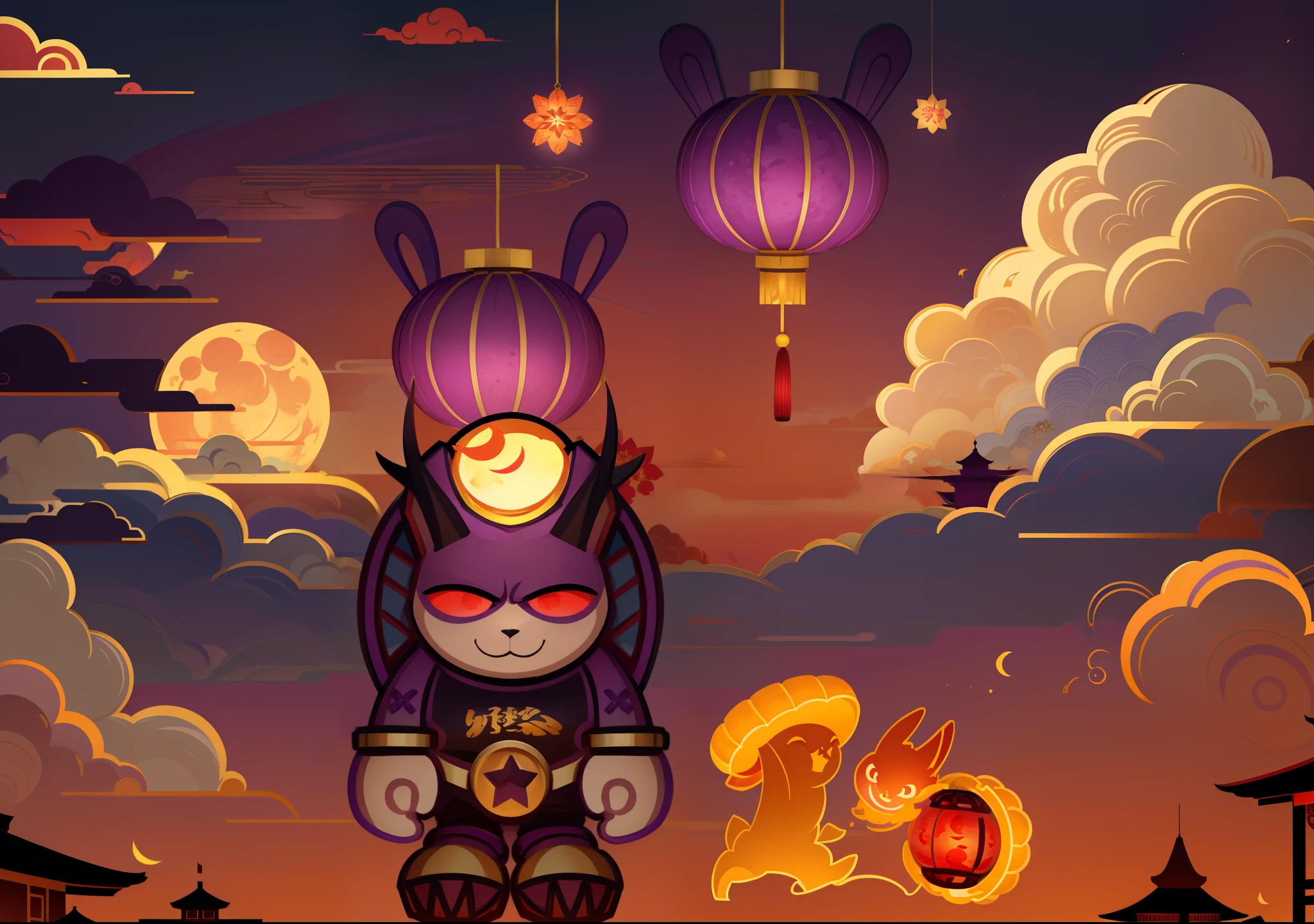 mid-autumn festival,purpleish color,large moon,jubilation,Keep the original character color unchanged,Gold background,Auspicious clouds,fire works,Red lantern