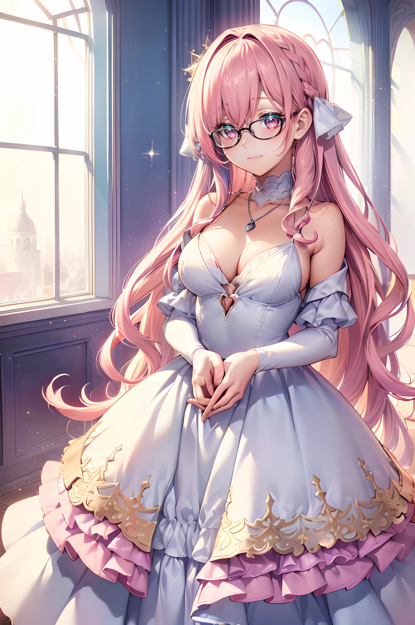 Bocchi, ((masterpiece、top-quality、Watercolor art(Pendants)、Official art、Beautifully Aesthetic:1.2))、1girl、full body, (Fractal Art:1.3)、full body Esbian、((Glitter pupils))、patterns、((pink-colored hair、light hair、pink hair:1.2))、colourfull、(Silver-rimmed glasses)、Writing、heterochromia iridis、(colourfull:1.5)、(Dress)、(blushing: 1), (mansion)、((Shy face))、((maikurobikini))、(Standing)、(Hyper-detailing), ((delicate detail)), (intricate detailes), ((ciinematic light, best quality backlight)), highcontrast, ((The best lighting, extremely delicate and beautiful)), ((ciinematic light))、(ray trace reflection、brilliance)、((glowing aura))、((Radiant hair))、((The ultra-detailliert))、((8K))
