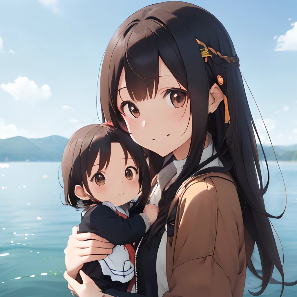 (masutepiece, Best Quality, Capture super cute moments, depth of fields, ultra-detailliert, Ultra High Resolution, C4D, Octadale, 3D Modeling, 8K, one girls、25-years old、A dark-haired、straight haired、Light brown eyes,hair adornments、Brown outerwear、Black pants、(ssmile)、(Holding a baby)、(Being on a big lake)、