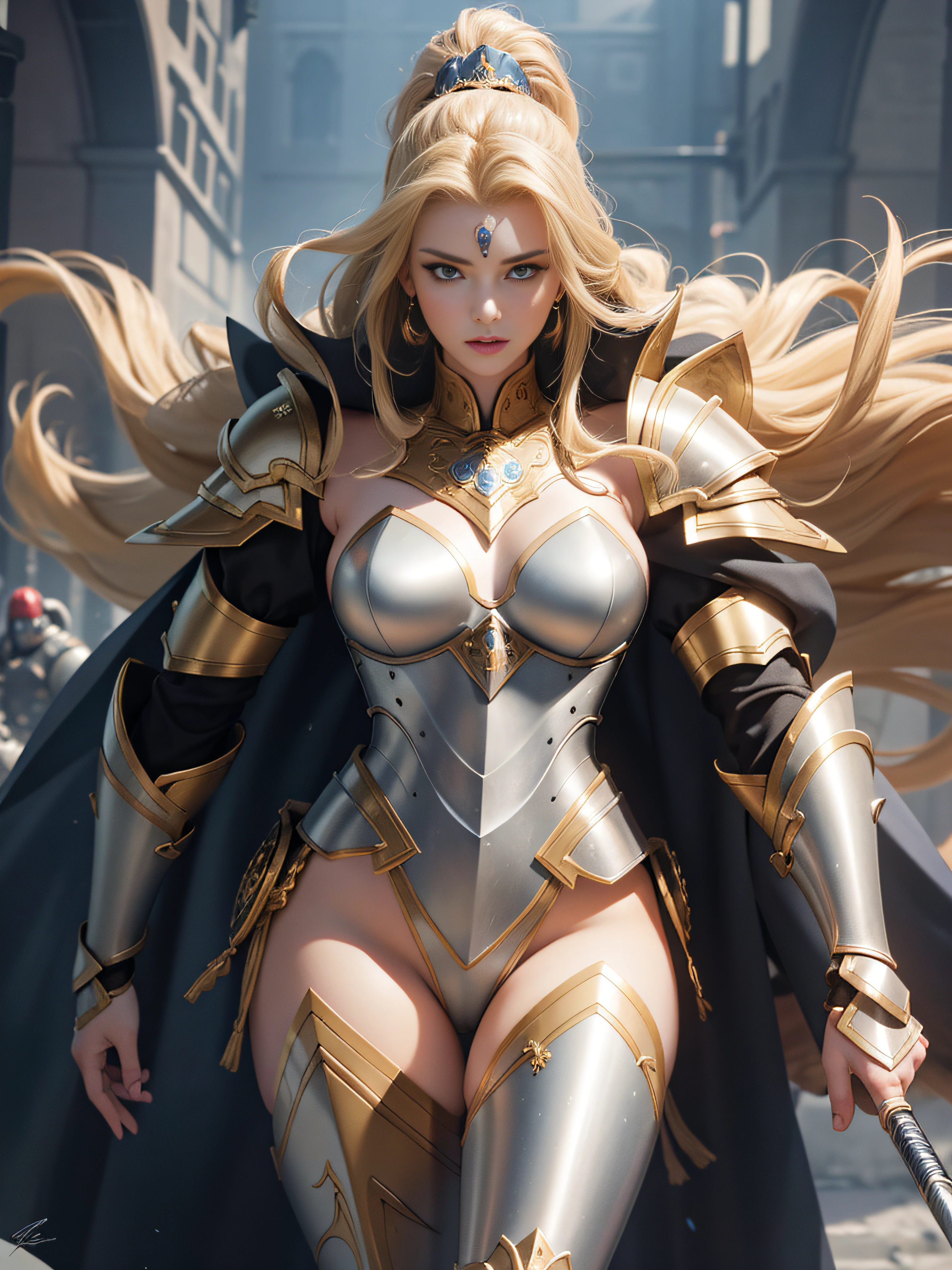 tmasterpiece，High-definition CG diagram，Beautiful female warrior，Detailed eyes and face，Tall figure，The blonde，Full armor attire，Over-the-knee boots，Brilliant armor colors，Exquisite decoration，General temperament，Tall figure，Wide buttock，Thick thighs，A majestic sight，Stand in war。