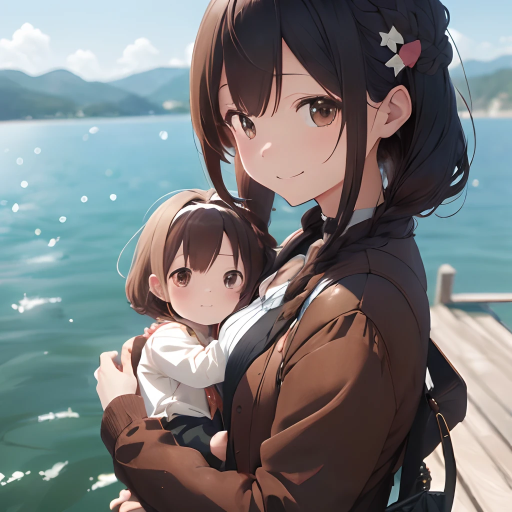 (Tabletop, highest quality, Capture the cutest moment, Depth of written boundary, Ultra-detailed, Ultra-high resolution, c4d, Octadale, 3D Modeling, 8k, One Girl、Age 25、Black-haired、Straight Hair、Light brown eyes,hair ornaments、Brown outerwear、Black trousers、(smile)、(Holding a baby)、(Being on a big lake)、
