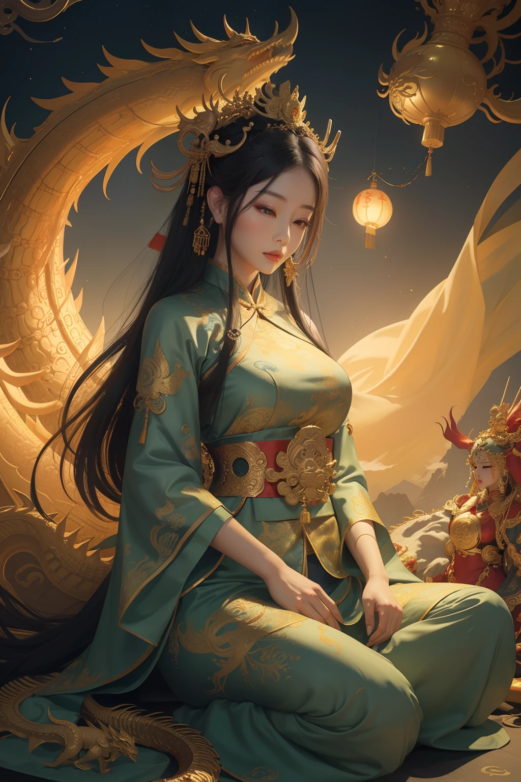 an ancient Chinese goddess, guanyin of the southern seas, Guanyin, Inspired by China, Avalokiteshvara rides a dragon,,Serene expression,shui mo hua,Buddha,Buddhist,Lotus,Chinese painting style,Thangka style