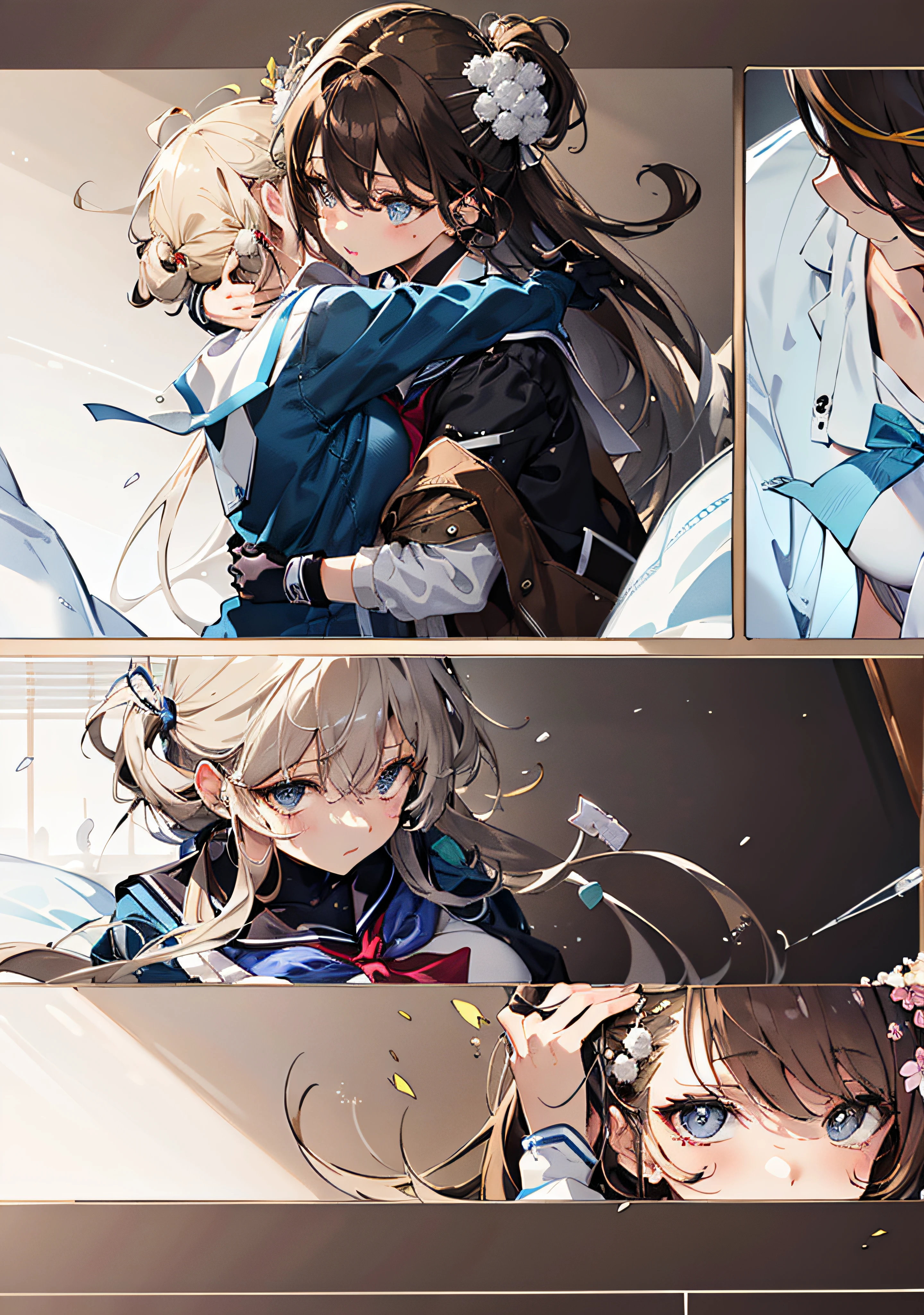 masutepiece、comic strip、Adult woman with brown hair in her 20s in lab coat、Soapy black-haired schoolgirl、disheveled sailor suit、Good accuracy、Exposed clean skin、Beautiful eyes、Infirmary beds、drapes、Beautiful、Precise hands、Illustrator Panaman Man