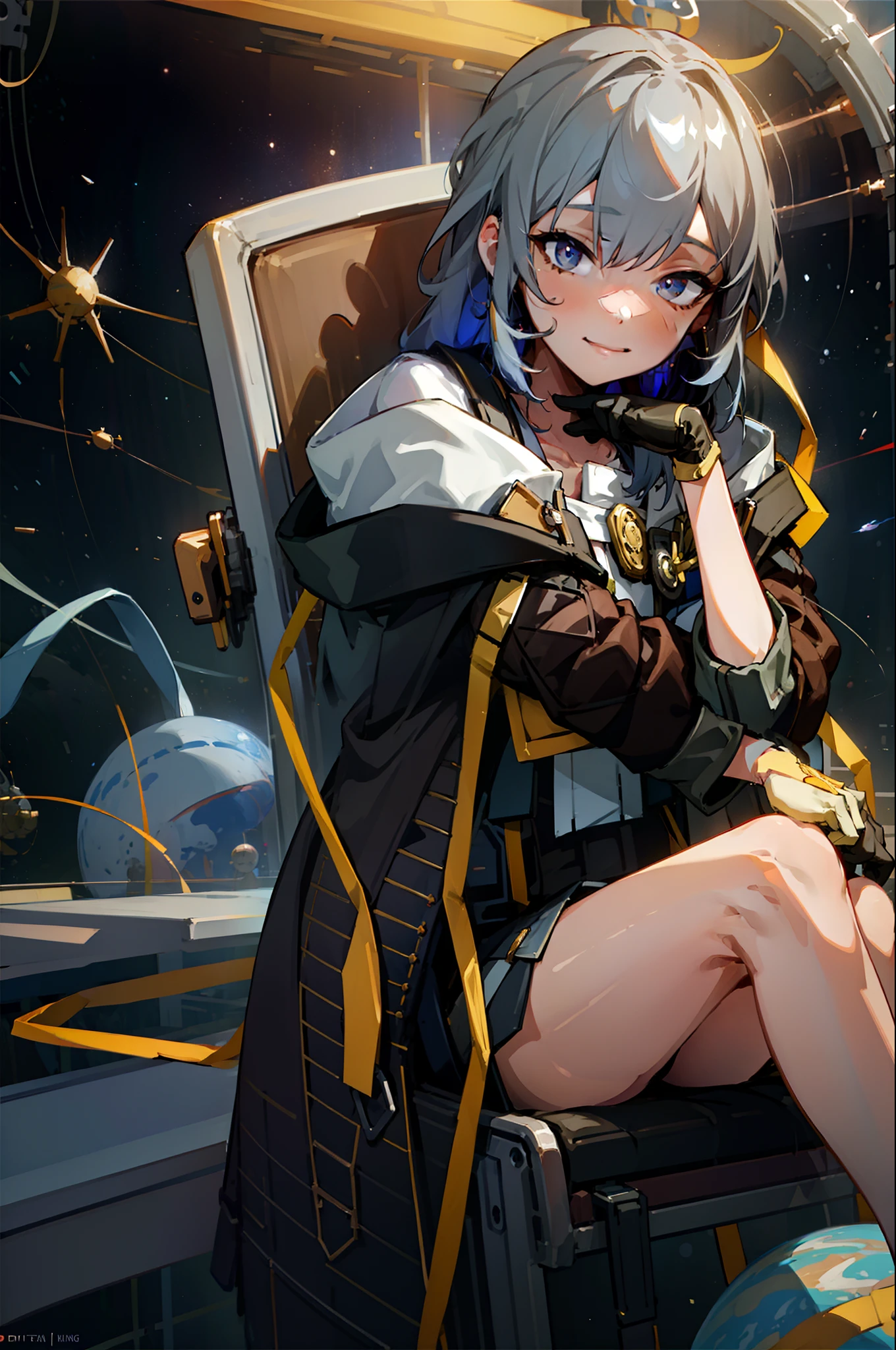 Solo,(Gloomy eyes:1.3),Smile,Kaitolje\(Character\),Starry sky,(Giant planets:1.2),chair,Sit,(desk:1.5),space station,Hands on the desk,aisle,window,carriage,Best quality,Masterpiece,illustration,Extremely detailed,CG,Unity,8K wallpaper,Amazing,finedetail,Masterpiece,Best quality,offcial art,Extremely detailed Cg Unity 8K wallpaper,absurderes,unbelievable Ridiculous,Ultra-detailed,A high resolution,(PureErosFace_V1:0.5),(Urzang-6500-V1 version.1:0.5),