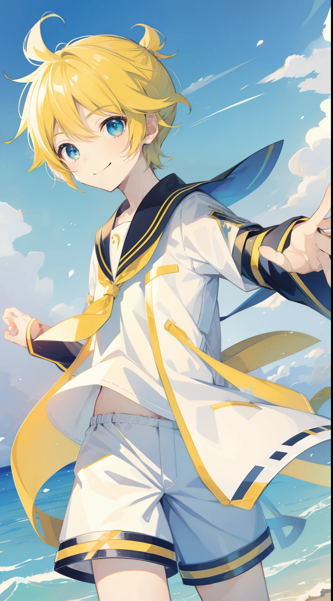 one boy, Len_Kagamine, sailor uniform, short pants, smile, cool, outdoor, character focus, cowboy shot