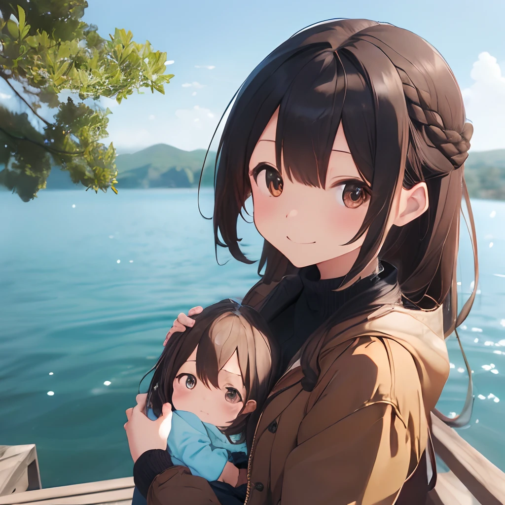 (masutepiece, Best Quality, Capture super cute moments, depth of fields, ultra-detailliert, Ultra High Resolution, C4D, Octadale, 3D Modeling, 8K, one girls、25-years old、A dark-haired、straight haired、Light brown eyes,hair adornments、Brown outerwear、Black pants、(ssmile)、(Holding a baby)、(Being on a big lake)、