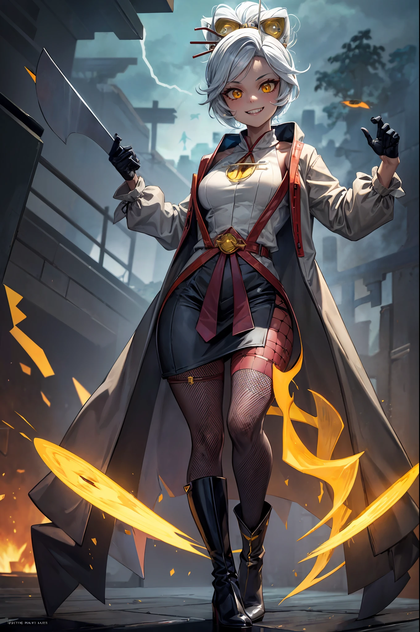 purah, glowing yellow eyes, mouth closed, smiling, sharp teeth, red fox ears, in a dark evil laboratory, thunder crackling, lightning, wearing black mad scientist coat, short black skirt, black fishnet leggings, black stiletto boots, Jojo pose, high quality, good anatomy, sharp focus, detailed eyes, perfect hands, electricity in background, mechanical implants in body