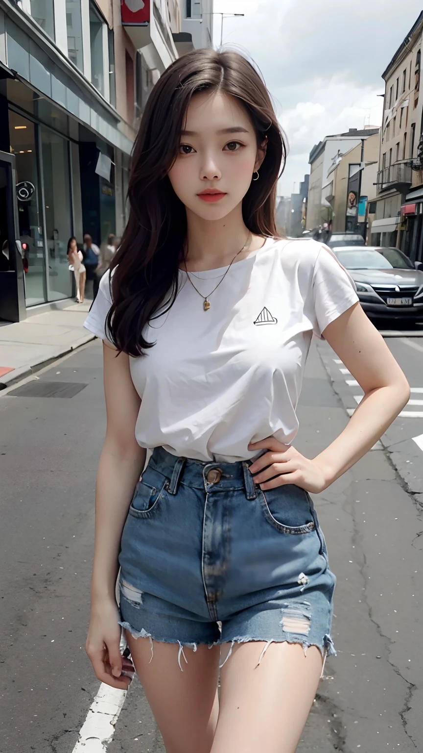 Beutiful women,In the middle of the street,Short clothes,one hand on hips