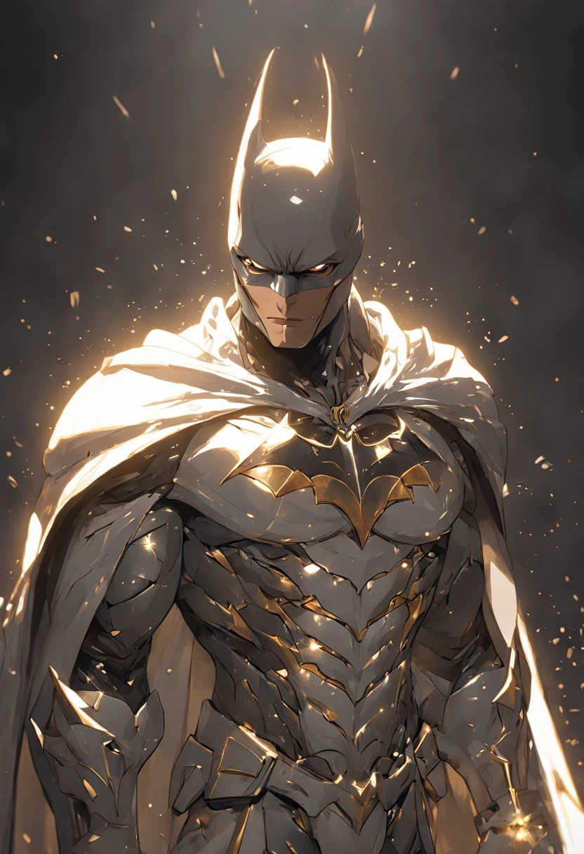 full body shot of batman in white and gold armour style suit, no mask on, white cape, looking at center camera, perfect composition, beautiful detailed intricate insanely detailed octane render trending on artstation, 8 k artistic photography, photorealistic concept art, soft natural volumetric cinematic perfect light, chiaroscuro, award - winning photograph, masterpiece, oil on canvas, raphael, caravaggio, greg rutkowski, beeple, beksinski, giger, trending on artstation, sharp focus, studio photo, intricate details, highly detailed, night city background, by greg rutkowski