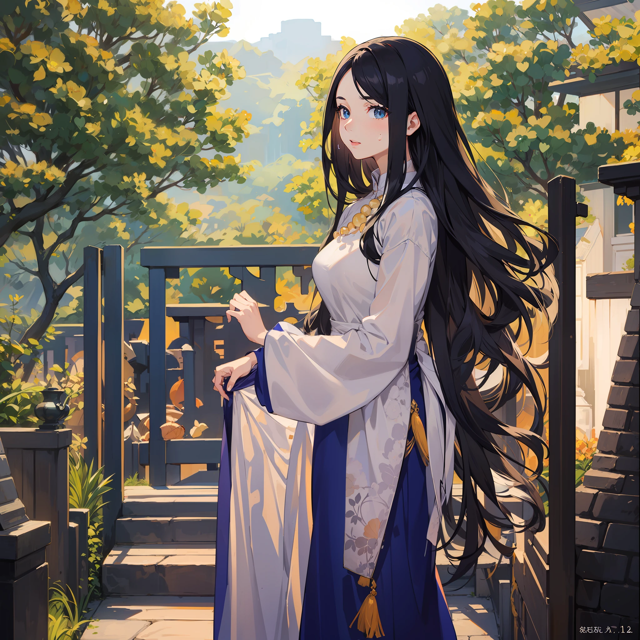 garments:Woman in blue Ao Dai:1.8,accessory:shell necklace,The hair:Long Black Hair:1.1、 make - up:natural, Glowing skin、Wearing sweat, BEReaction:relax、Free-spirited、 The location:Landscape of Vietnam:1.1,Lantern sink:1.1,4K, (Raw photo: 1.2), (Realism: 1.4), (masutepiece: 1.3), (exquisite detailing: 1.2), Delicate and beautiful details, (Eye Detail), (Facial Detailed), (Highest Quality) :1.4), (Hyper-Resolution: 1.2), cinematric light, (very detailed illustration), (Best Quality, Super Resolution, depth of fields, Wide light, natural shadows