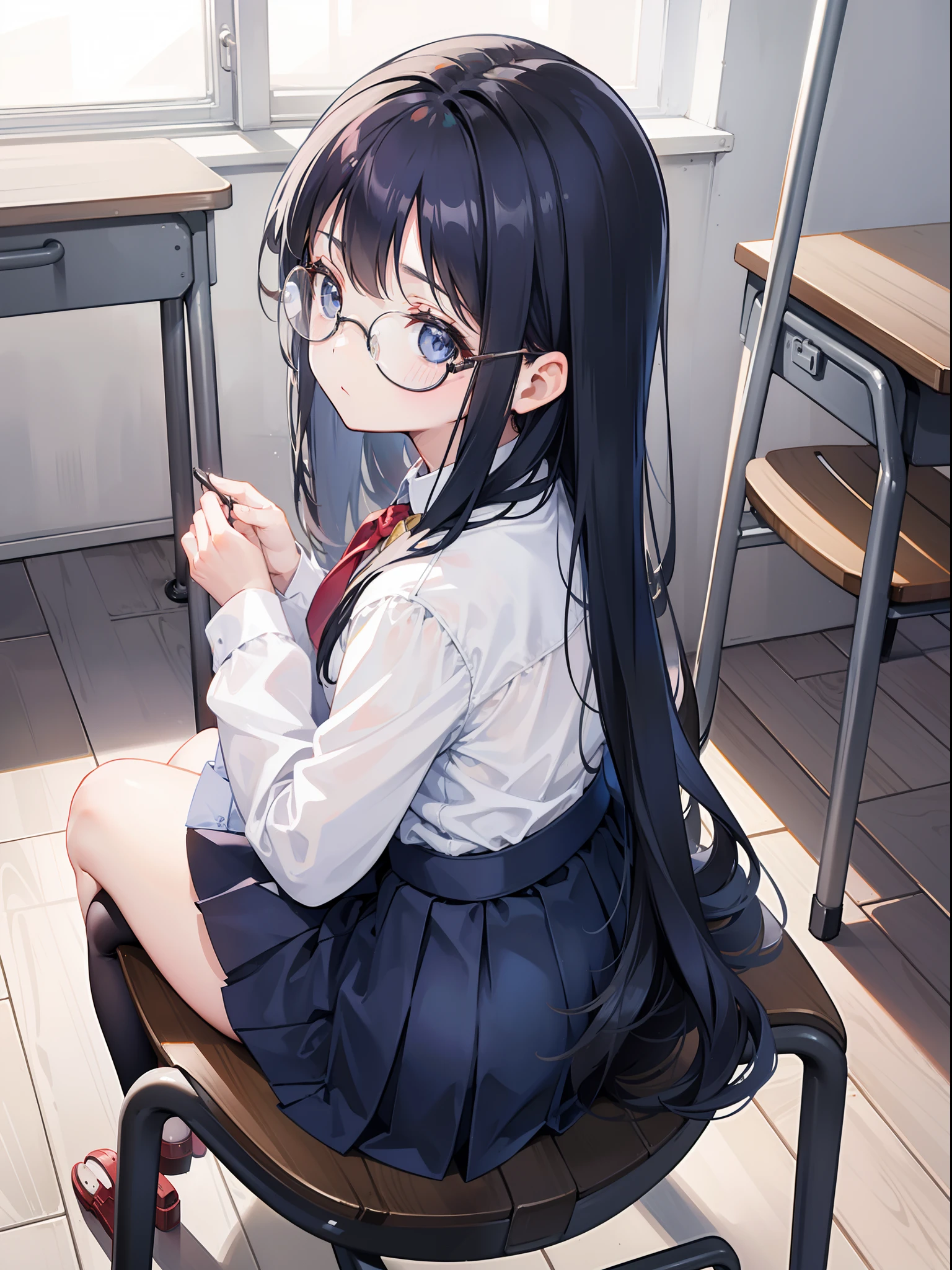 1girl, Back view, skirt, sit on chair, small chair, navy hair, long curvy hair, big round glasses, pretty, no expression, flat expression, limp face, school chair, ass form, low angle, perspective, looking down