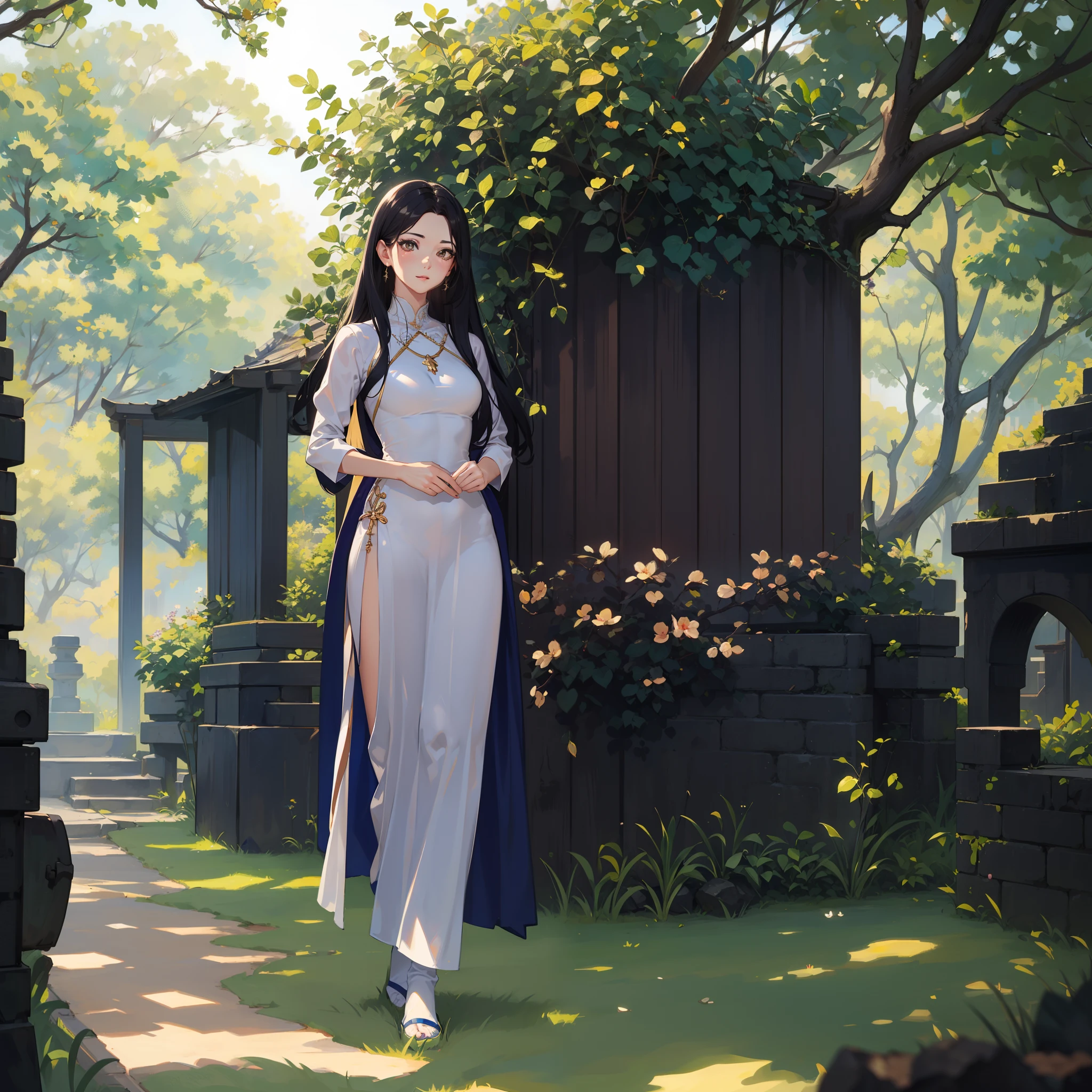 garments:Woman in blue Ao Dai:1.8,accessory:shell necklace,The hair:Long Black Hair:1.1、 make - up:natural, Glowing skin、Wearing sweat, BEReaction:relax、Free-spirited、 The location:Landscape of Vietnam:1.1,Lantern sink:1.1,4K, (Raw photo: 1.2), (Realism: 1.4), (masutepiece: 1.3), (exquisite detailing: 1.2), Delicate and beautiful details, (Eye Detail), (Facial Detailed), (Highest Quality) :1.4), (Hyper-Resolution: 1.2), cinematric light, (very detailed illustration), (Best Quality, Super Resolution, depth of fields, Wide light, natural shadows