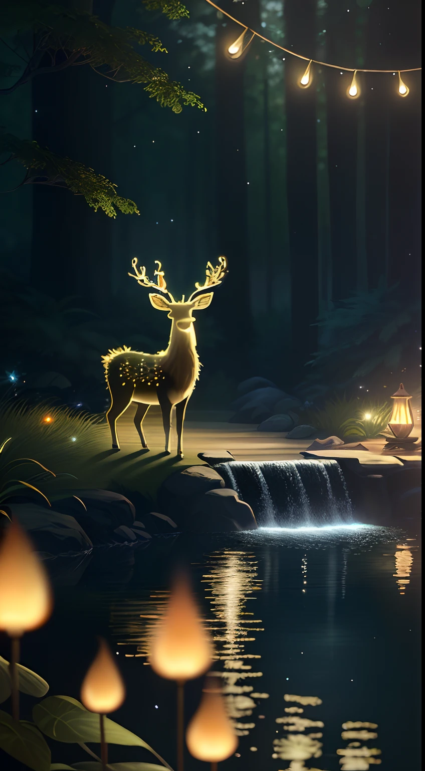 Masterpiece, best quality, (very detailed CG unity 8k wallpaper), (best quality), (best illustration), (best shadows), glow sprite, with a glowing deer, in the swimming pool Drinking water, natural elements in the forest theme. Mysterious forest, beautiful forest, nature, surrounded by flowers, delicate leaves and branches surrounded by fireflies (natural elements), (jungle theme), (leaves), (twigs), (fireflies), (particle effects) etc. 3D , Octane rendering, ray tracing, super detailed --v6