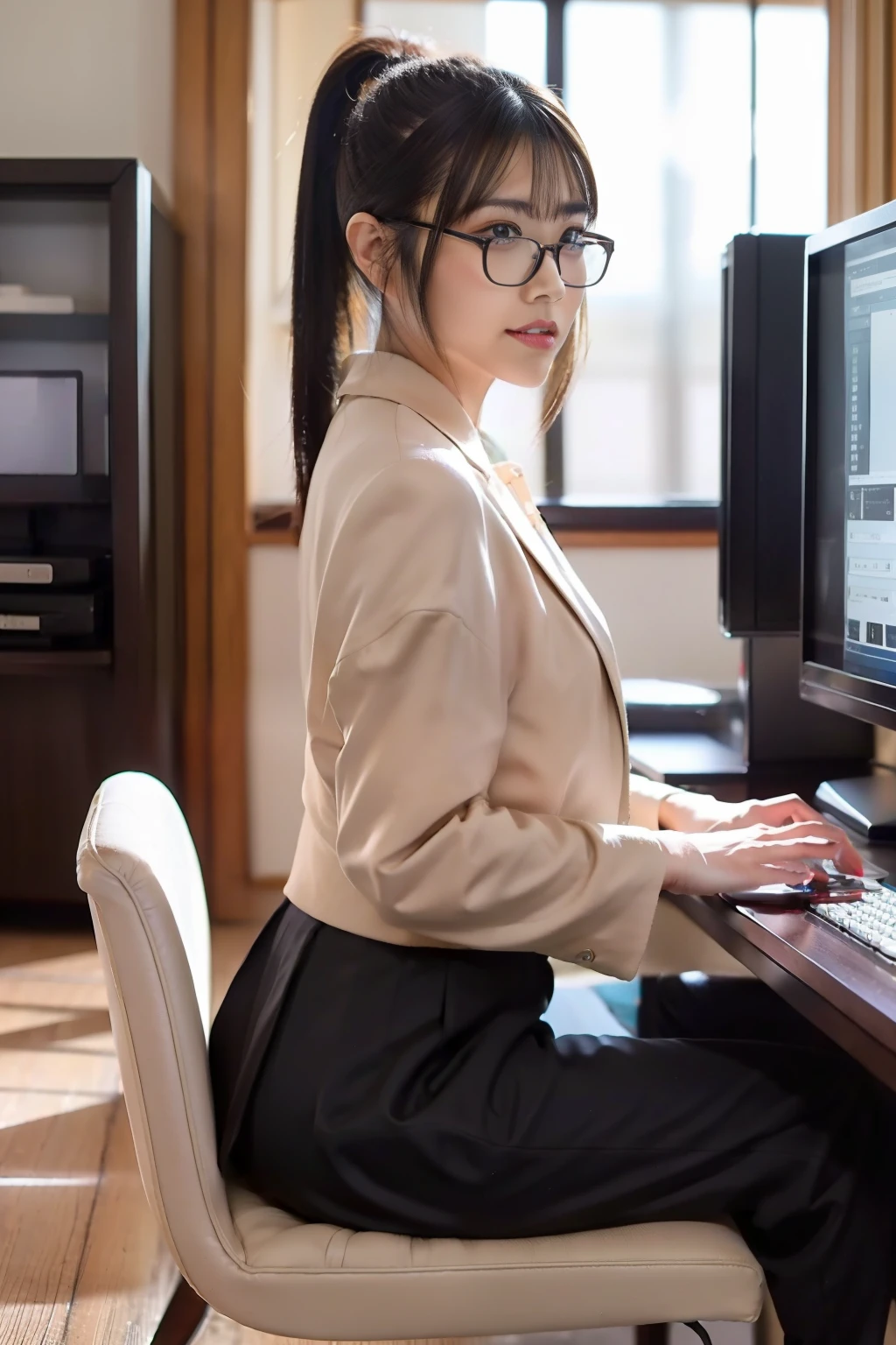 Japan girl working on computer in stylish room、suits、eye glass、poneyTail