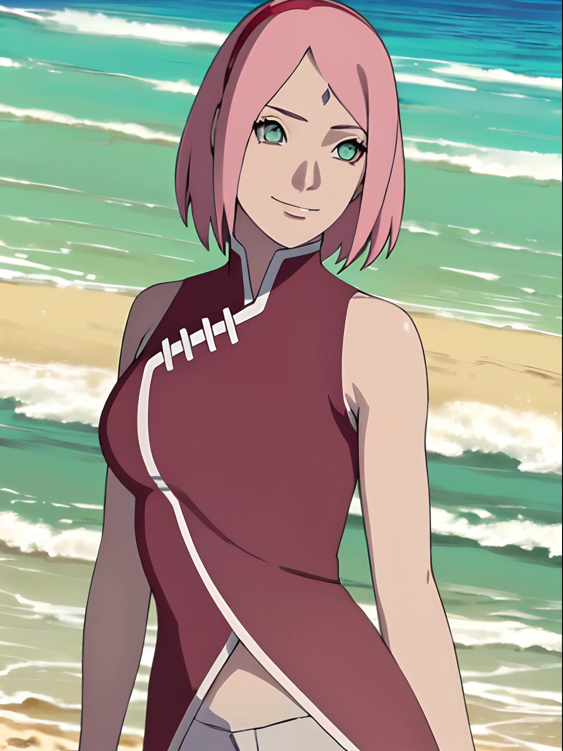 masterpiece, 1k, portrait, face shot, professional artwork, detailed beach background, intricate details, colorful, digital blending, (ultra detailed body, ultra detail hair, ultra detail face), trending on pixiv, kind smile, very hot color, best quality, anime style: 1.9, 1girl, hires, haruno sakura, (forehead mark, milf, red hairband, pale skin, short hair, ((red sleeveless dress), white pants), navel, groin, bracelet, pink hair, (ultra detailed green eyes), smile, beach, wind, floating hair, detailed arms, off-shoulders, slightly muscular arms, (dirty armpits), standing)
