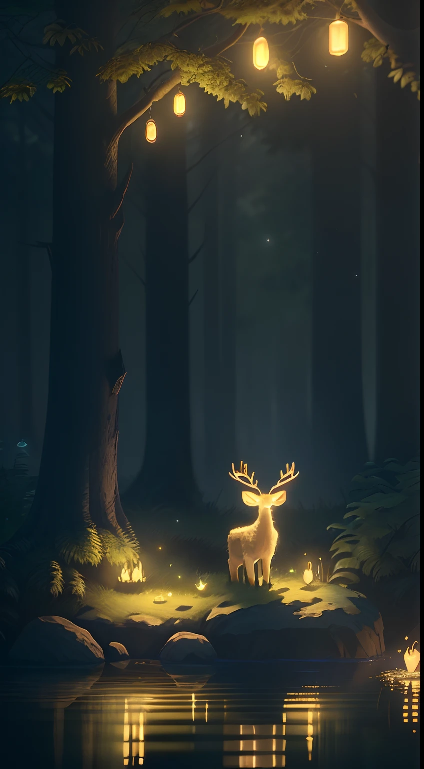 Masterpiece, best quality, (very detailed CG unity 8k wallpaper), (best quality), (best illustration), (best shadows), glow sprite, with a glowing deer, in the swimming pool Drinking water, natural elements in the forest theme. Mysterious forest, beautiful forest, nature, surrounded by flowers, delicate leaves and branches surrounded by fireflies (natural elements), (jungle theme), (leaves), (twigs), (fireflies), (particle effects) etc. 3D , Octane rendering, ray tracing, super detailed --v6