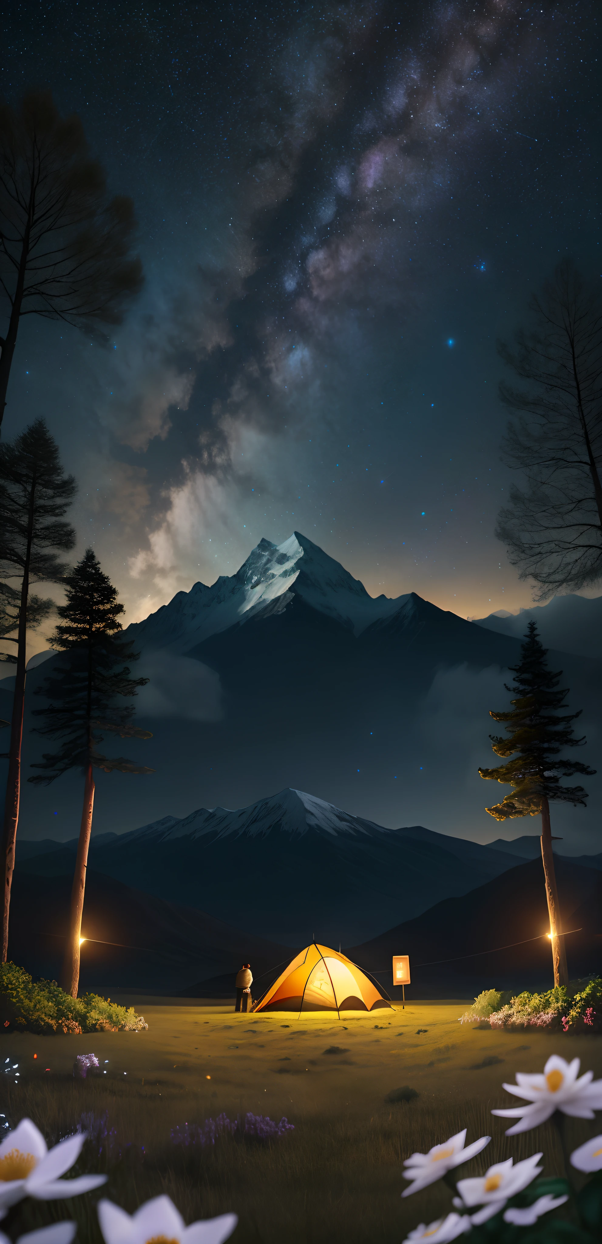Expansive landscape photograph,Far Mountain,Beautiful and mysterious starry sky,Silhouette of trees nearby