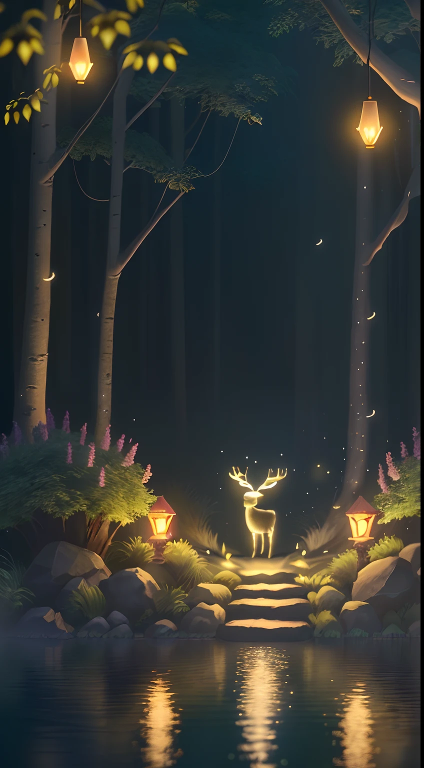 Masterpiece, best quality, (very detailed CG unity 8k wallpaper), (best quality), (best illustration), (best shadows), glow sprite, with a glowing deer, in the swimming pool Drinking water, natural elements in the forest theme. Mysterious forest, beautiful forest, nature, surrounded by flowers, delicate leaves and branches surrounded by fireflies (natural elements), (jungle theme), (leaves), (twigs), (fireflies), (particle effects) etc. 3D , Octane rendering, ray tracing, super detailed --v6