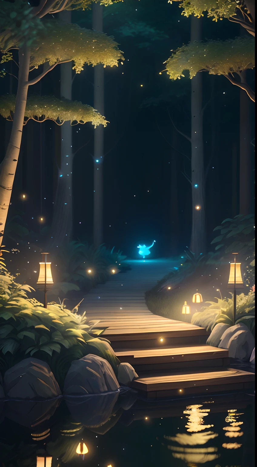 Masterpiece, best quality, (very detailed CG unity 8k wallpaper), (best quality), (best illustration), (best shadows), glow sprite, with a glowing deer, in the swimming pool Drinking water, natural elements in the forest theme. Mysterious forest, beautiful forest, nature, surrounded by flowers, delicate leaves and branches surrounded by fireflies (natural elements), (jungle theme), (leaves), (twigs), (fireflies), (particle effects) etc. 3D , Octane rendering, ray tracing, super detailed --v6