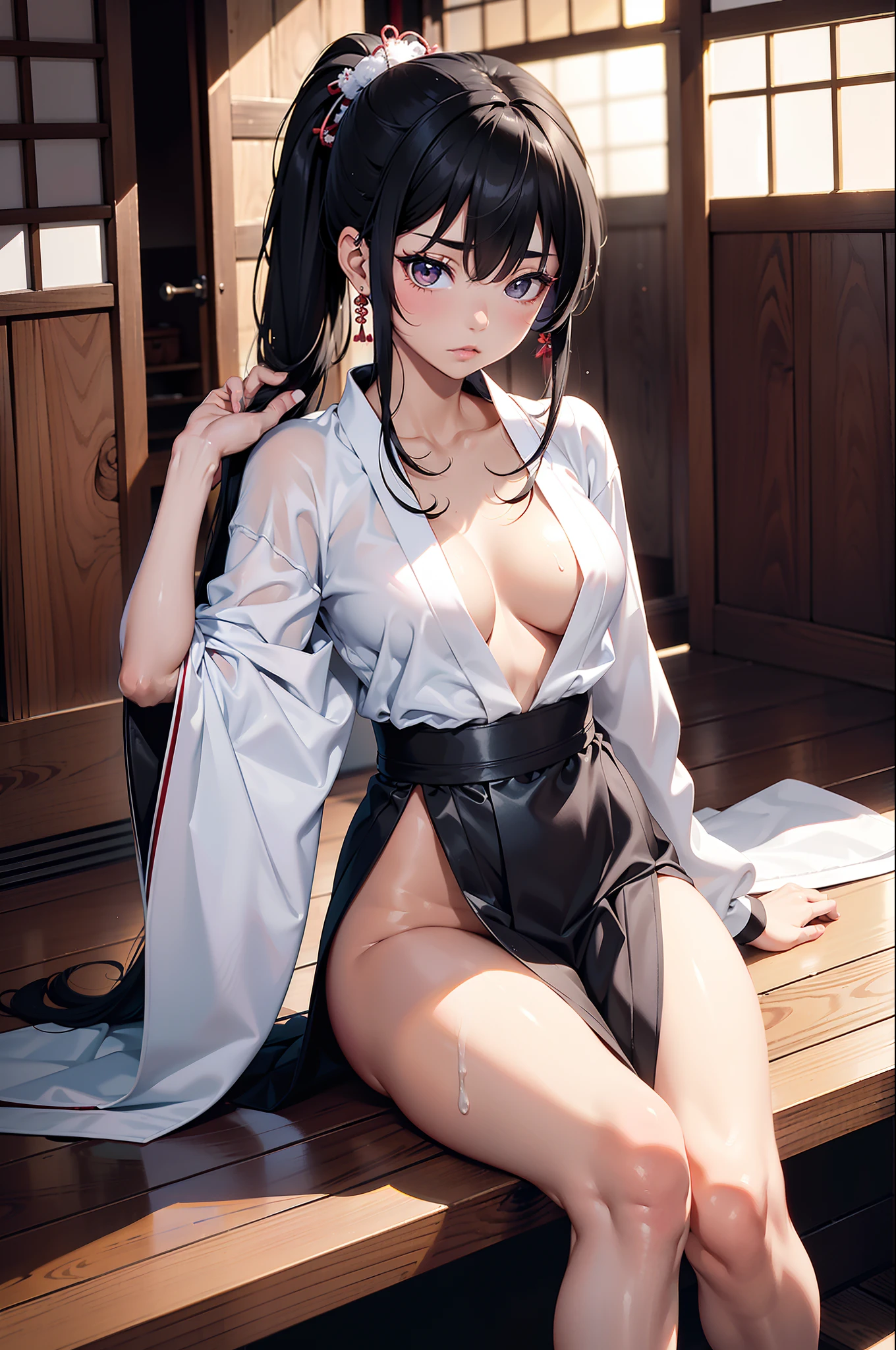 (tmasterpiece), (best qualtiy), (the detail: 1.4) asaemon_sagiri, 1girll, 独奏, Long_Hair, Sexy pose with katana, Katana Japan, White kimono with open breasts,wet cloths, Open underwear, breasts out, rough breath, Looking_at_peeping at the viewer, black_Hair, brown_Eyes, The upper part of the body_Body, pony tails, Sideburns, Japanese_clothes, komono,, High_pony tails, black haori, Beds,slim toned body,upper legs