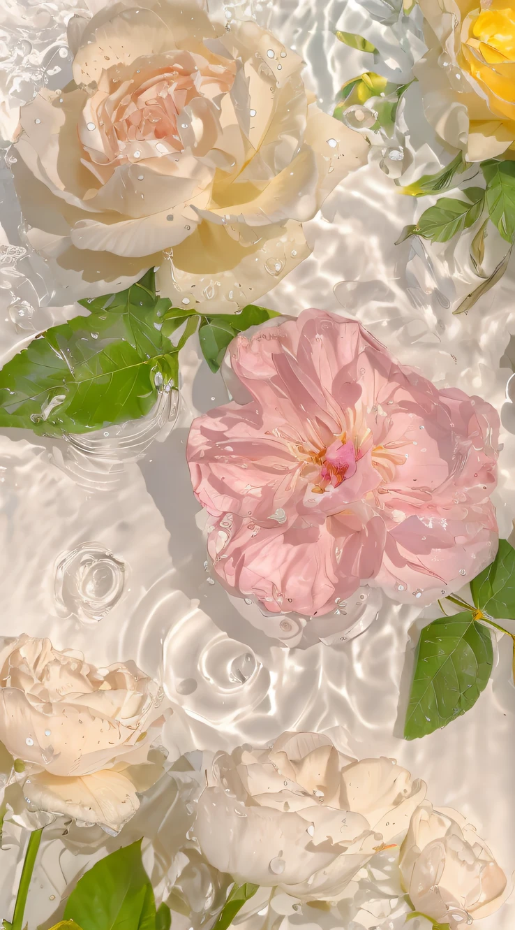 There are many flowers of different colors floating in the pool, pastel overflow, floating in perfume, translucent roses ornate, hyper realistic detailed rendering, pink water in a large bath, hyperrealistic aesthetic, melanchonic rose soft light, hyper detailed Photorealism, Soft glow, Rose background, highly detailed water colour 8 k, highly detailed water colour 8k, rose background