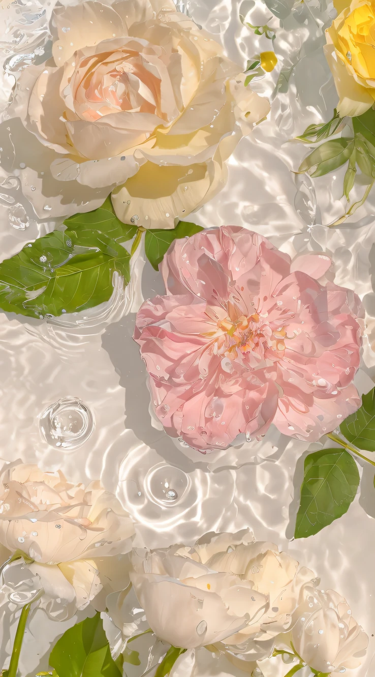 There are many flowers of different colors floating in the pool, pastel overflow, floating in perfume, translucent roses ornate, hyper realistic detailed rendering, pink water in a large bath, hyperrealistic aesthetic, melanchonic rose soft light, hyper detailed Photorealism, Soft glow, Rose background, highly detailed water colour 8 k, highly detailed water colour 8k, rose background
