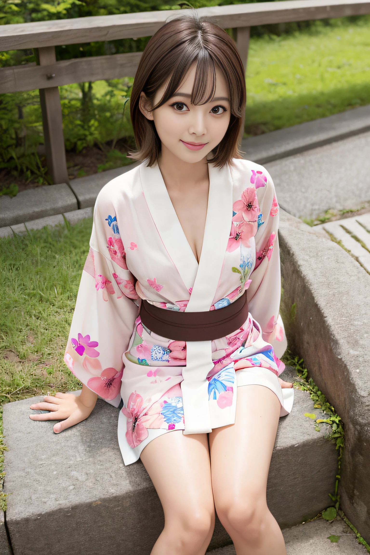 (Highest image quality, Highest image quality, Super A High Definition), (Raw photo, Realism 1.4), (flat chest), Fine skin, Fine face, Cute, AKB Girl, Girl in her 20s, Small breasts, Perfect Skin, thighs thighs thighs thighs, Medium Hair, Perfect, Brown hair, Brown eyes, Full body, Sitting on the steps of the pedestrian bridge, own hugging feet, knees up、 Glossy, ((Yukata)), Bright sunshine, Smile