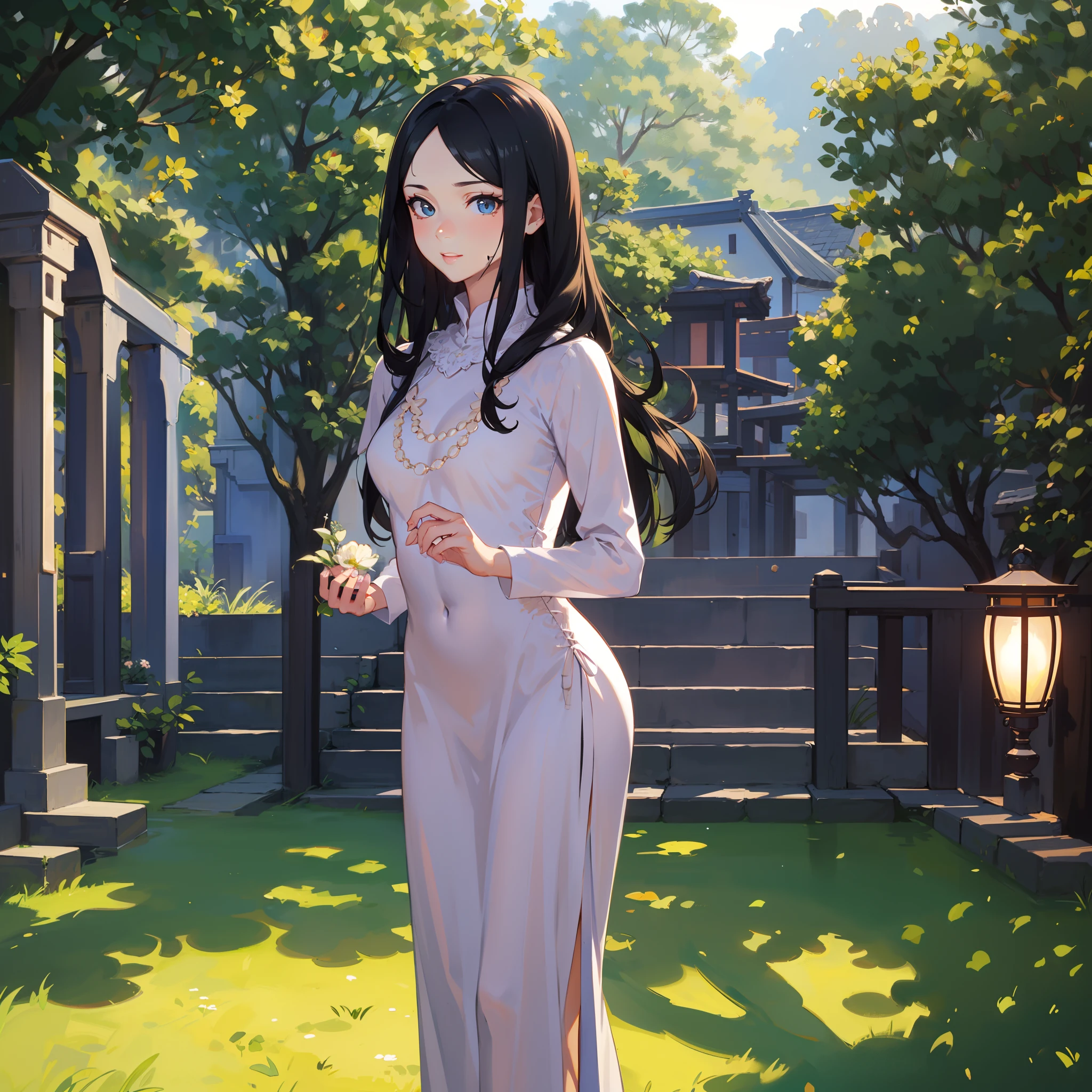 garments:Woman in blue Ao Dai:1.8,accessory:shell necklace,The hair:Long Black Hair:1.1、 make - up:natural, Glowing skin、Wearing sweat, BEReaction:relax、Free-spirited、 The location:Landscape of Vietnam:1.1,Lantern sink:1.1,4K, (Raw photo: 1.2), (Realism: 1.4), (masutepiece: 1.3), (exquisite detailing: 1.2), Delicate and beautiful details, (Eye Detail), (Facial Detailed), (Highest Quality) :1.4), (Hyper-Resolution: 1.2), cinematric light, (very detailed illustration), (Best Quality, Super Resolution, depth of fields, Wide light, natural shadows
