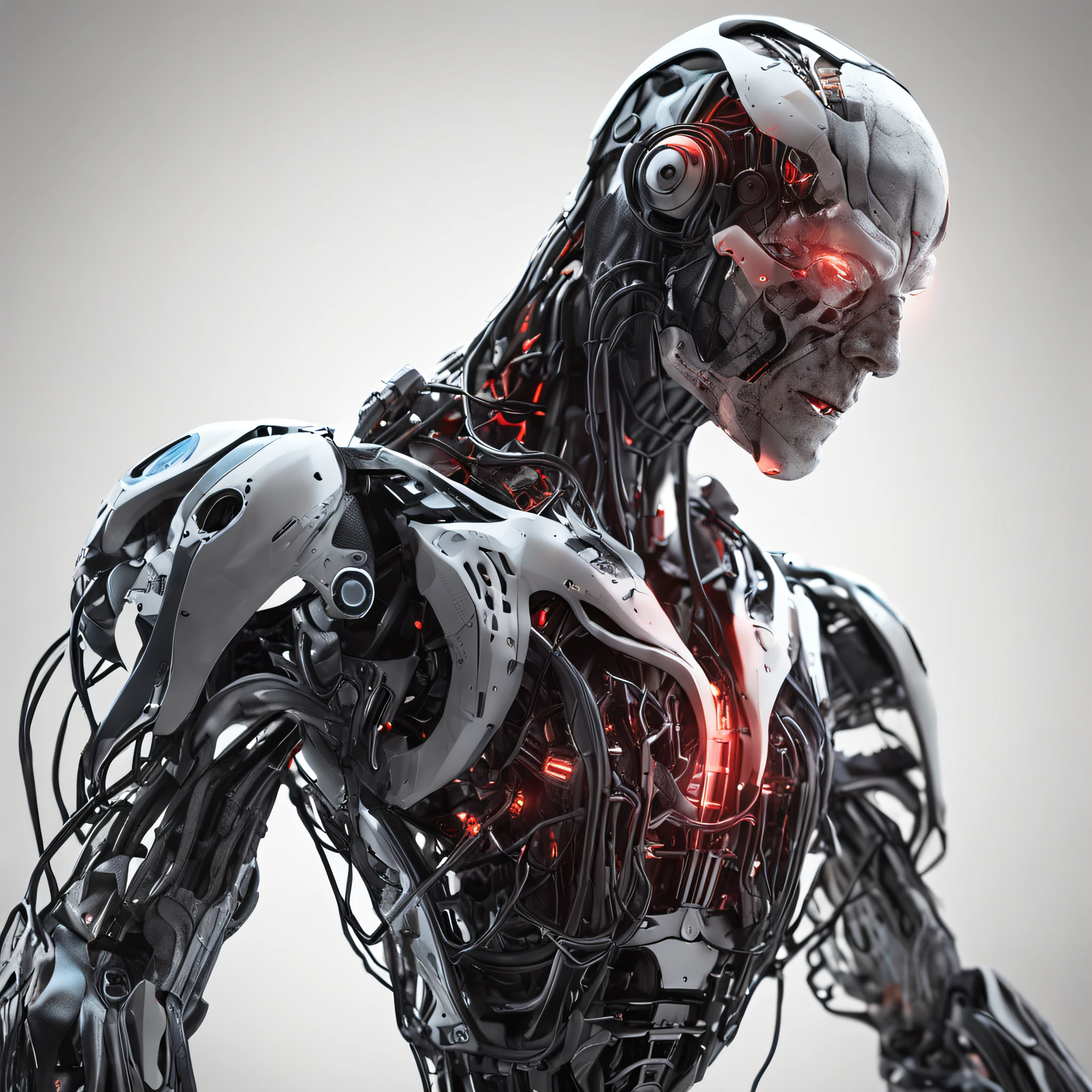 a hand humanoid robot biomechanical with wires and a light cold on it's face and neck, in a dark room in a dark room with a red light behind him, Cedric Peyravernay, unreal engine 5 highly rendered, cyberpunk art, les automatistes, raw photo of detailed skin, clear face