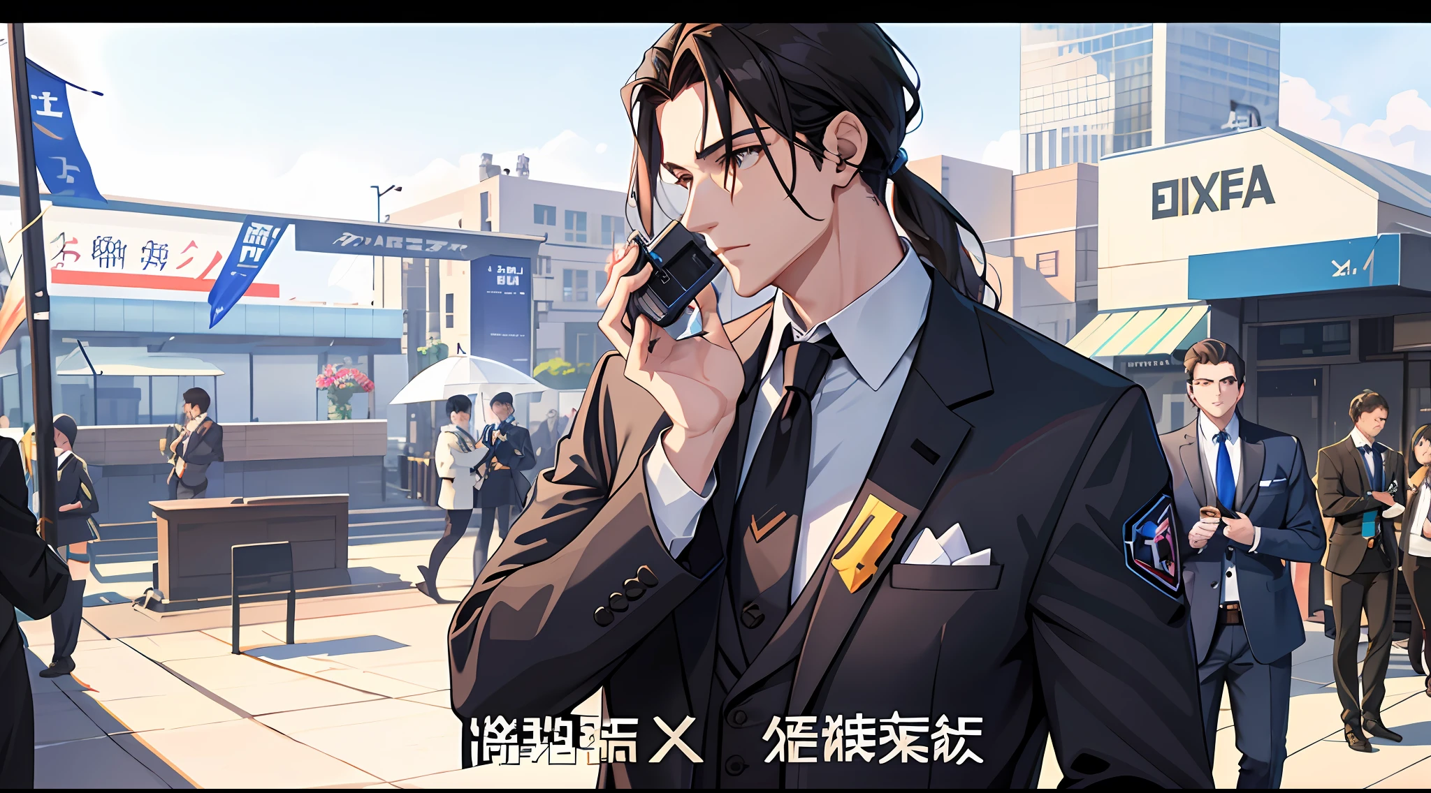 there is a man in a suit talking on a cell phone, Kawasi, from girls frontline, from overwatch, Guviz-style artwork, , Anime handsome man, profile picture 1024px, he is wearing a suit, gta chinatowon art style,