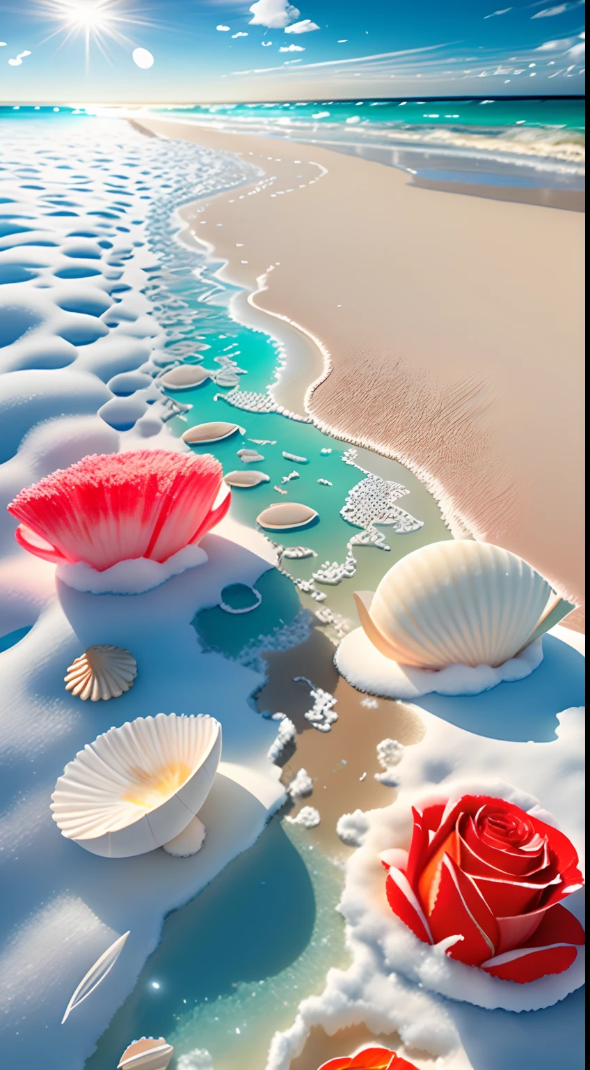 delicate scene,depth of field, 8K, The ivory sky,white clouds,and sunlight shine on the snow-white beach. The coral sea,and many colorful tinny shells on the beach,red roses, roses focus,