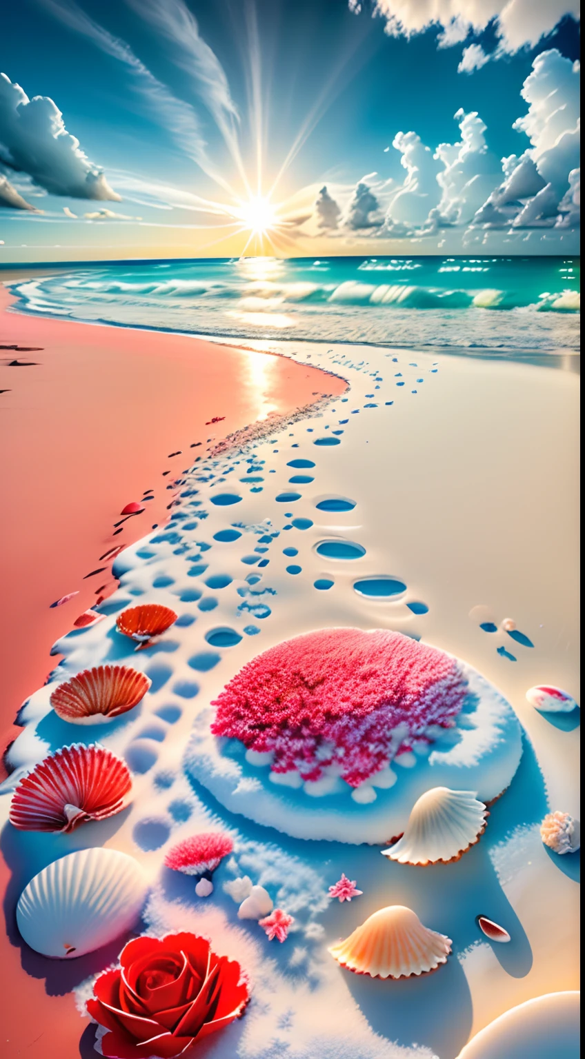delicate scene,depth of field, 8K, The ivory sky,white clouds,and sunlight shine on the snow-white beach. The coral sea,and many colorful tinny shells on the beach,red roses, roses focus,