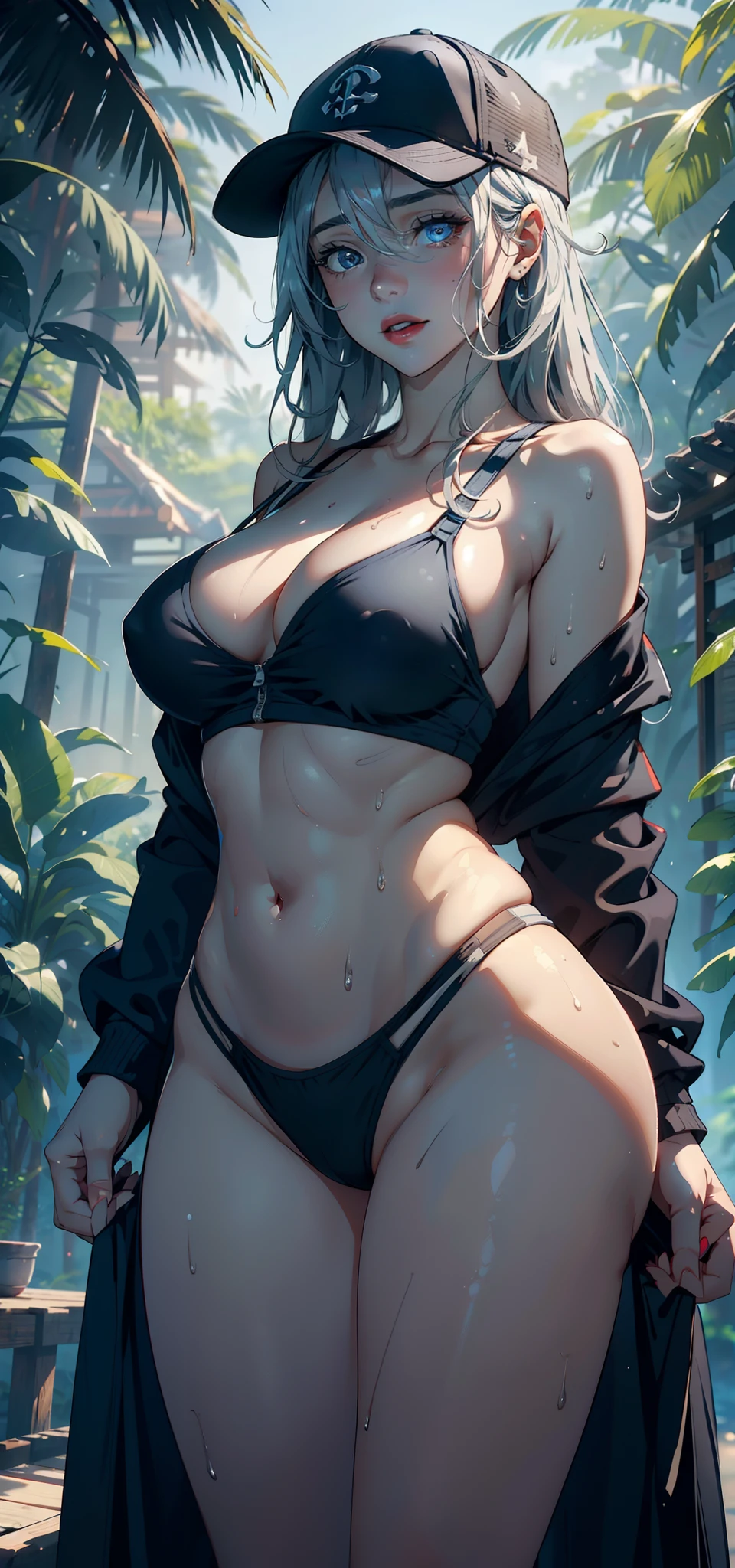 1female,35yo,熟妇,noodle,long leges,Big breasts Thin waist,the super hot and sexy,gigantic cleavage breasts,Pornographic exposure, 独奏,(Background with:ln the forest,the rainforest,in summer) She has long silver-gray hair,Very long hair,Long flowing hair,With baseball cap,standing on your feet,Sweat profusely,drenched all over the body,seen from the front, curlies, mostly cloudy sky,(((tmasterpiece),(Very detailed CG unity 8K wallpaper),best qualtiy,cinmatic lighting,detailed back ground,Redlip,beatiful detailed eyes,Bright pupils,blue color eyes(Very fine and beautiful),(Beautiful and detailed eye description),ultra - detailed,tmasterpiece,)),facing at camera,A high resolution,ultra - detailed),,revealing breasts,Bare genitalia, Bulge,Camel toes,Raised sexy,Flushed complexion,Open-mouthed,frontage,(Wearing:Blood-red hooded sweatshirt,Clear shorts,athletic sneakers,Exposure nudity)fully body photo,Show shoes