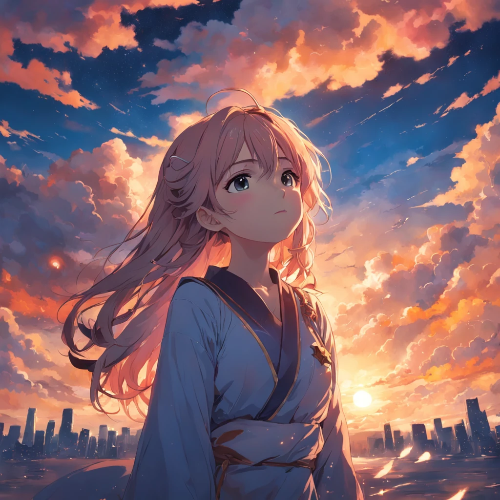 tmasterpiece,best qualtiy,cinematic Film still from,1girl,Cloud Girl,Floating in the sky,closeup cleavage,brightly,cheerfulness,Warm and soft lighting,the sunset,(starrysky:0.7)