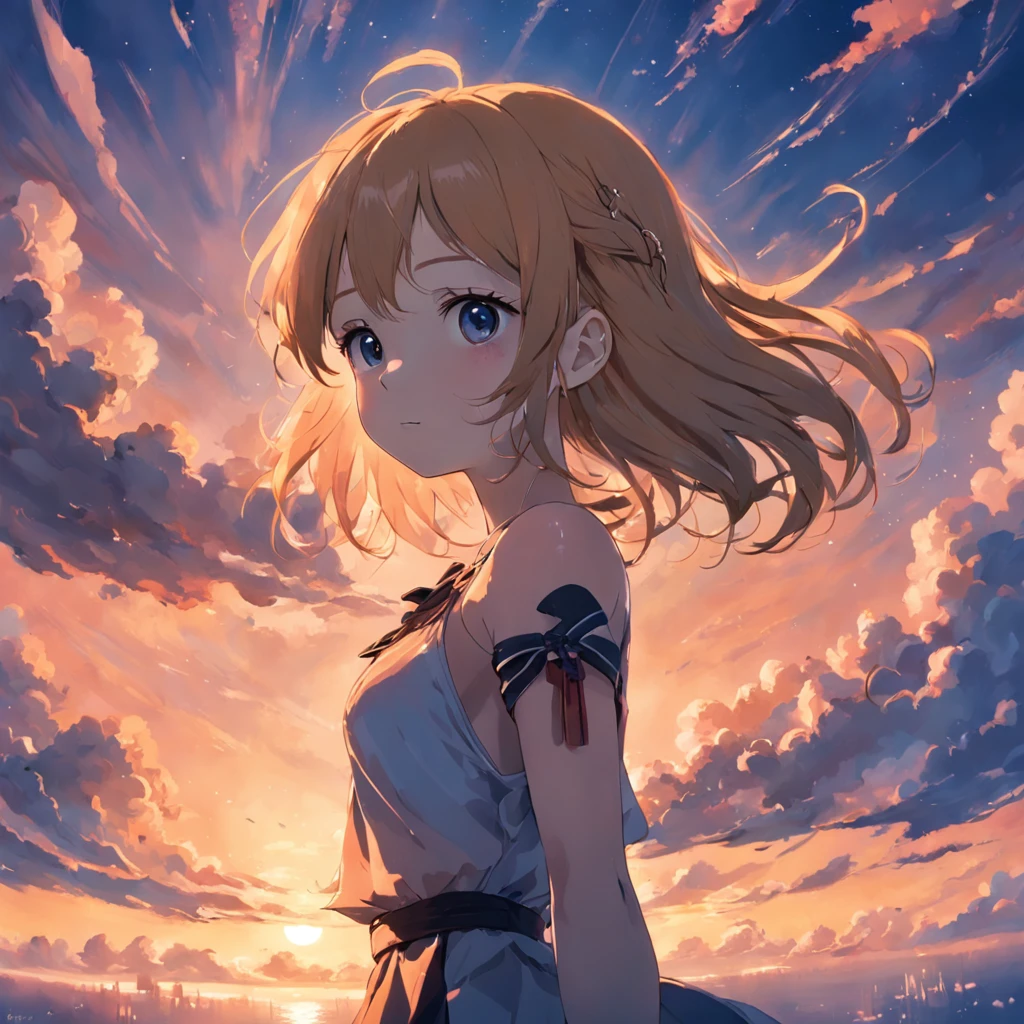 tmasterpiece,best qualtiy,cinematic Film still from,1girl,Cloud Girl,Floating in the sky,closeup cleavage,brightly,cheerfulness,Warm and soft lighting,the sunset,(starrysky:0.7)