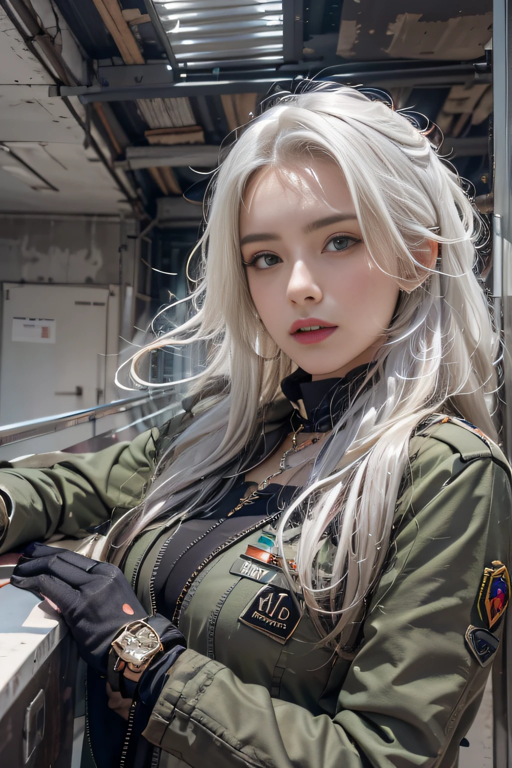 (Girl sleeping face down in big office), Silver hair, Bangs, Blunt bangs, Long hair, Braiding(poneyTail), aqua eyes, longeyelashes, Solid Circle Eyes, makeup, Open mouth, blush, Parted lips, Bright pupils, smiley, Seductive smile, glint, surrealism, Modern,(( Camouflage blouse、off shoulders、))、((No skirt))、(sniper rifles))(Peeking into the scope)Chiaroscuro, Chiaroscuro, depth of fields, One-person viewpoint, From Side, F/1.8, 135 mm, canon, nffsw, retinas, masutepiece, ccurate, Anatomically correct, Textured skin, Super Detail, high details, High quality, Best Quality, hight resolution, 1080p, hard disk, 4K, 8K、(Take a sniper regime) ((Full Body Angle))、、Skyscrapers are hazy behind((Camouflage pattern micro bikini))