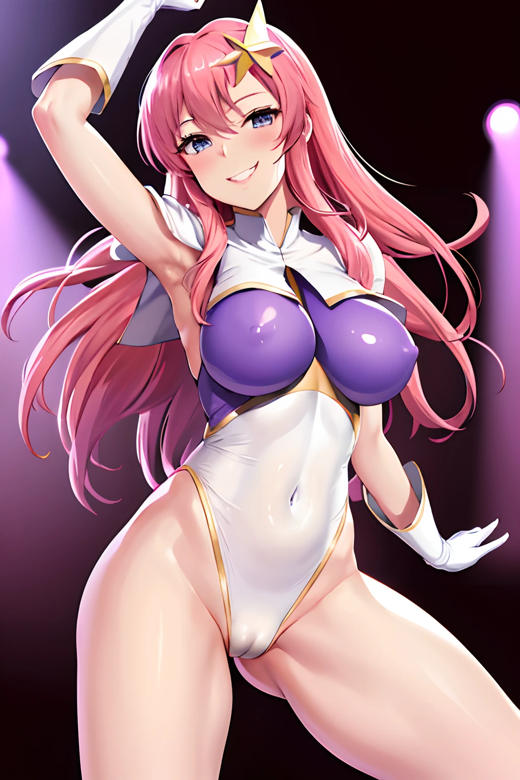 best quality, highres, meer campbell, 1girl, star hair ornament, hair ornament, pink hair, long hair, gloves, leotard purple leotard, white leotard, large breasts, on the stage, dancing, seductive smile, come hither, naughty face, cameltoe