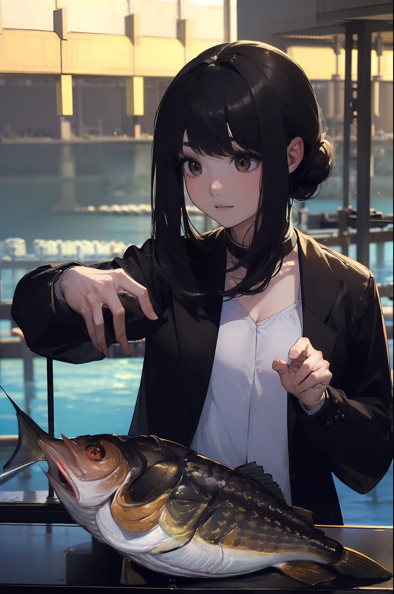 ((((Catch a big black bass by the lake:1.5)))),((1 female 28 years old))((Best Quality:1.5)),(((Hands with the correct number and structure of fingers:1.4))),((Large fish:1.37)),hight resolution,ultra-detailliert,masterpiece,best qualtiy,poneyTail,Black hair, long eyeslashes, Solid Circle Eyes, drop shadow, Atmospheric perspective,Super Detail, ccurate, small brest,(Black jacket :1.1),top-quality, blurry backround, bokeh dof:1.2, (masterpiece:1.3), Atmospheric perspective,Super Detail,dynamic compositions,top-quality、masterpiece、Very beautiful CG、finely detail、masterpiece
